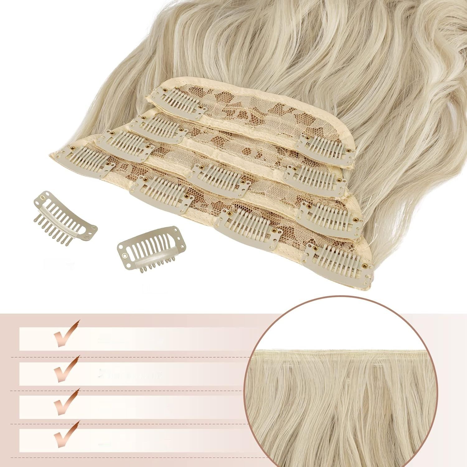 FESHFEN Clip in Extensions, 4PCS Przedłużenia 50 cm, Jasnobeżowy Blond