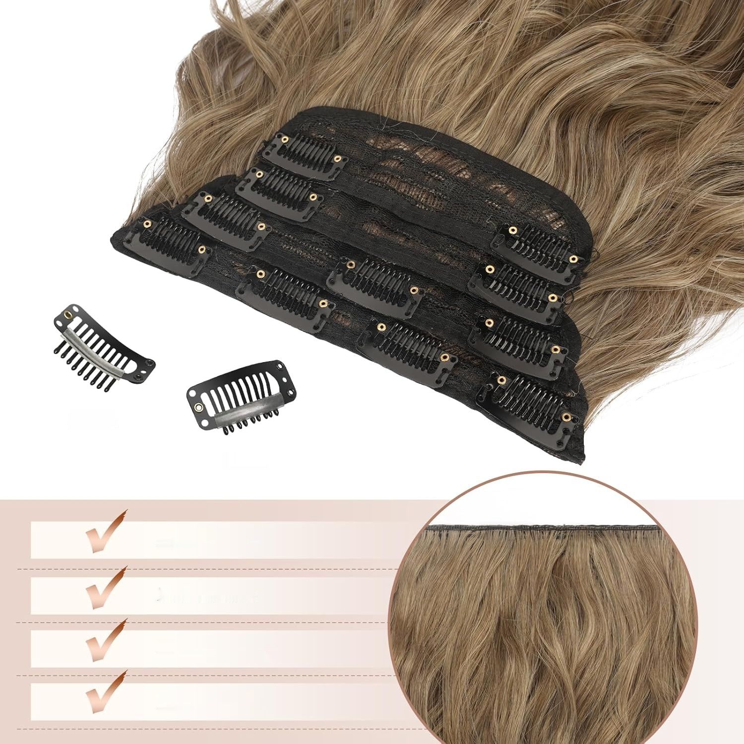 FESHFEN Clip-in Extensions 4 sztuki 50 cm, Brązowy blond