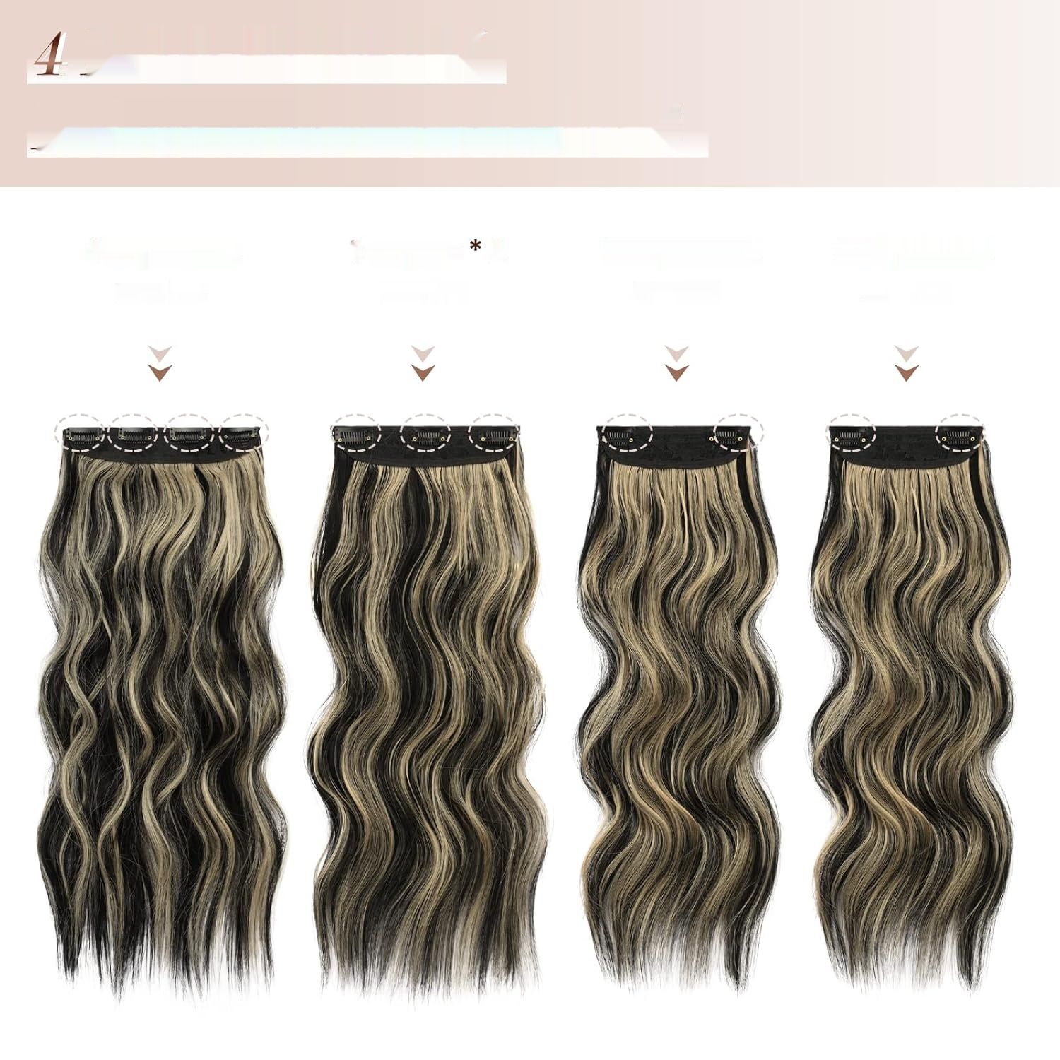 FESHFEN Clip-In Extensions 50 cm, syntetyczne falowane włosy, czarne z blond