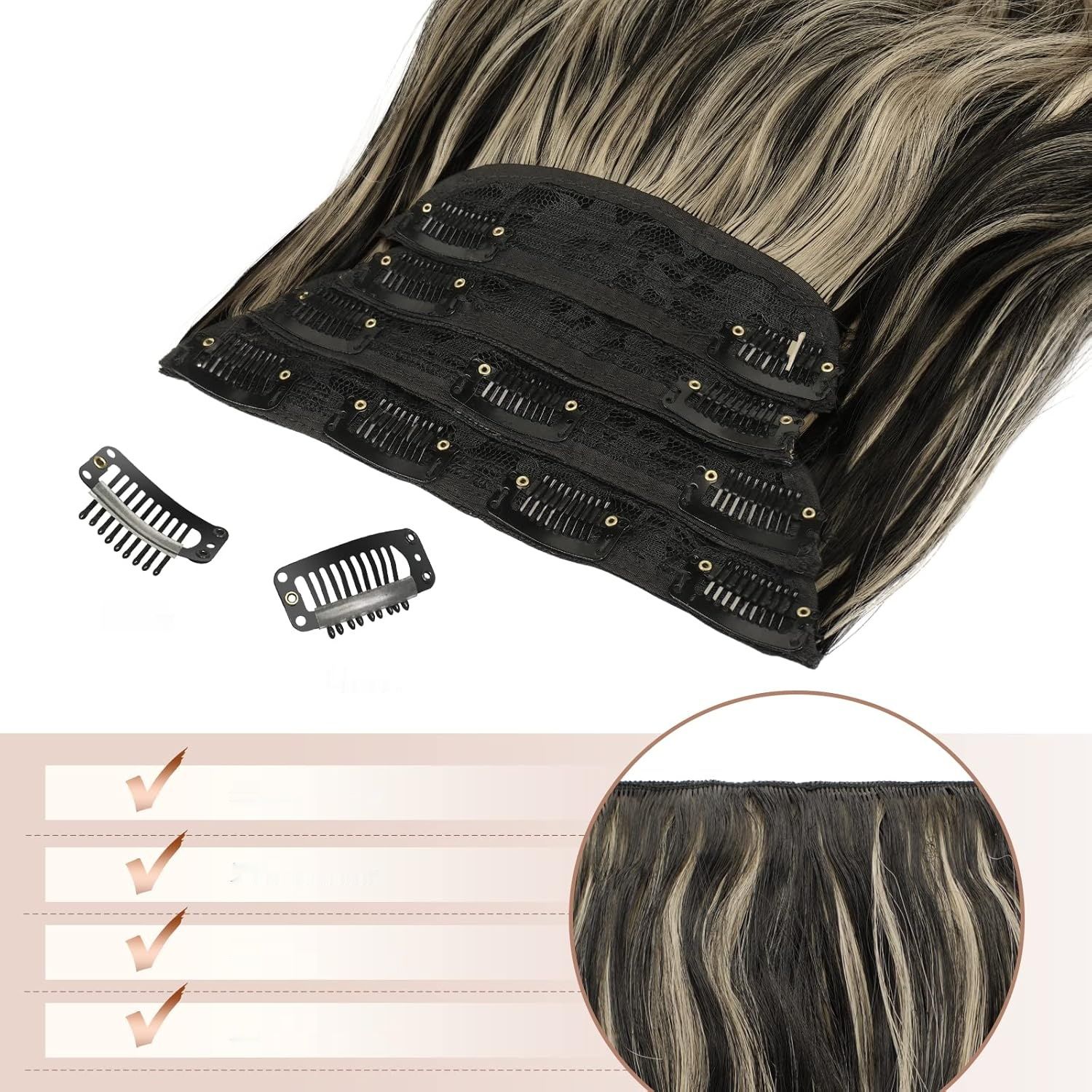 FESHFEN Clip-In Extensions 50 cm, syntetyczne falowane włosy, czarne z blond