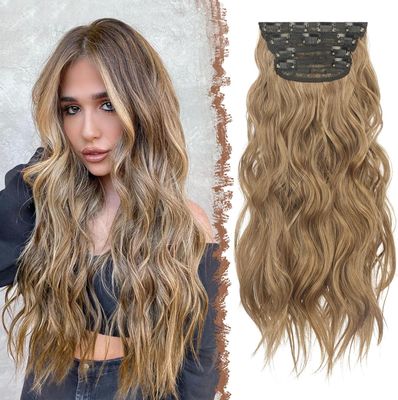 FESHFEN Clip-in Extensions 4 sztuki 50 cm, Brązowy blond