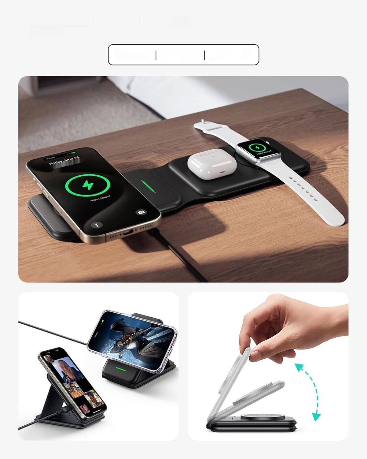 INIU 3 w 1 Ładowarka, 15W Magnetyczna Stacja dla iPhone, iWatch, AirPods