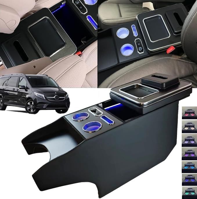 Pojemnik z podłokietnikiem QSULNN z 7 kolorowymi LED i USB, do Mercedes-Benz V-Class W447.