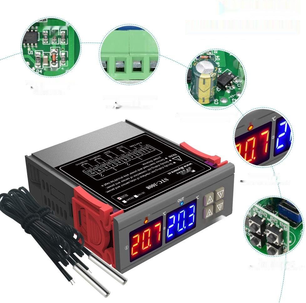 Kontroler termostatu diymore STC-3008 z podwójną sondą NTC do precyzyjnego monitorowania.