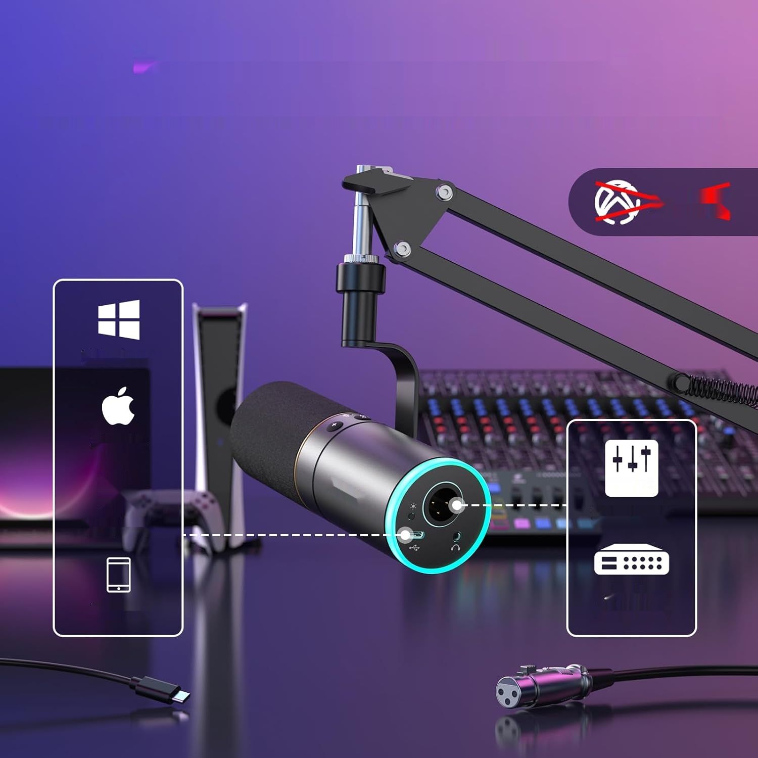 TONOR TD520S+ mikrofon gamingowy z ramię do podcastingu, RGB, PS4/5 kompat.
