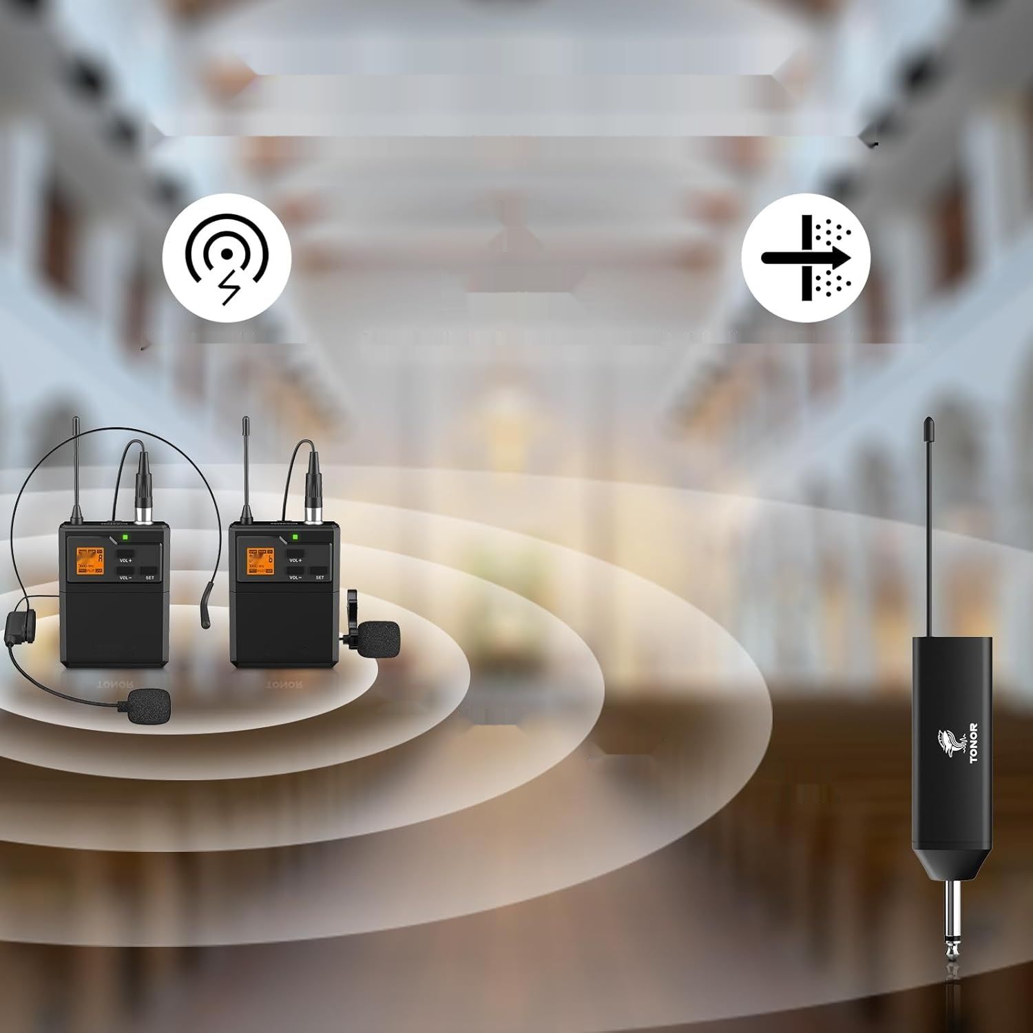 TONOR Mikrofon UHF podwójny, nadajnik bodypack, odbiornik, zasięg 60 m.