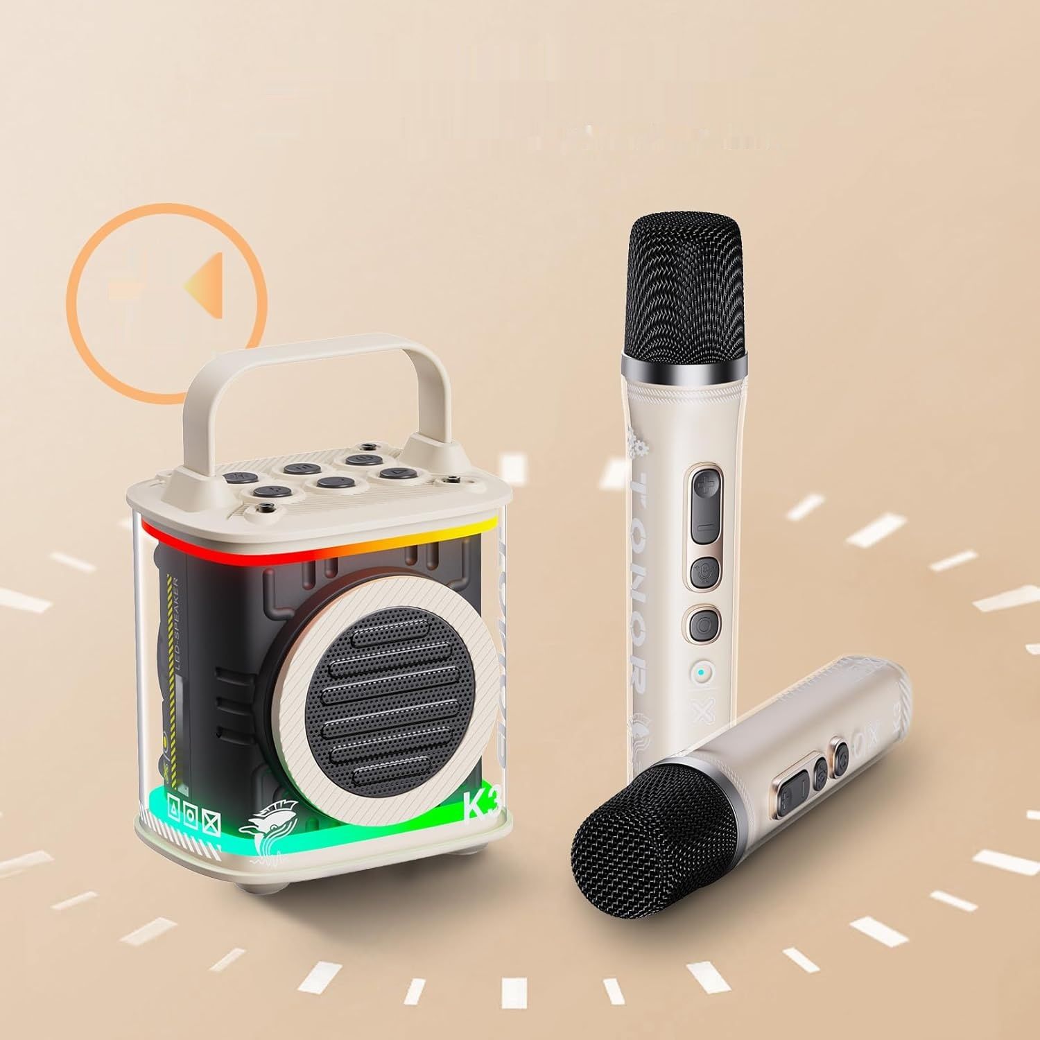 Zestaw karaoke TONOR Bluetooth głośnik z LED, 2 mikrofony, beżowy.