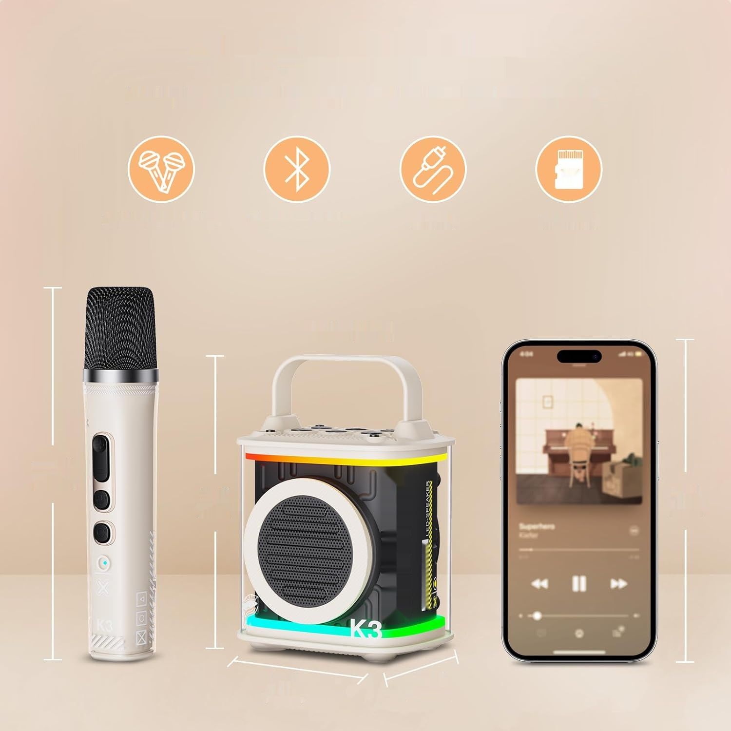 Zestaw karaoke TONOR Bluetooth głośnik z LED, 2 mikrofony, beżowy.