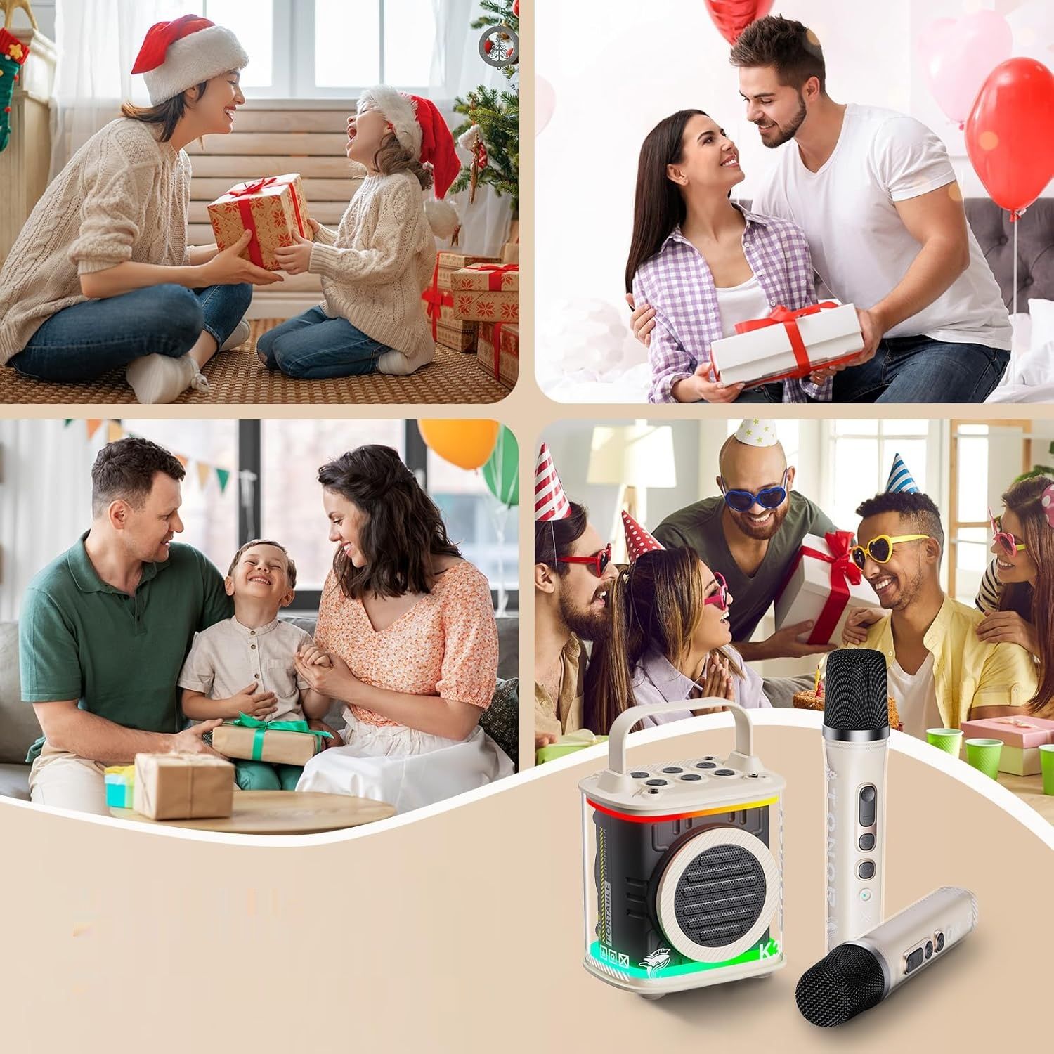 Zestaw karaoke TONOR Bluetooth głośnik z LED, 2 mikrofony, beżowy.