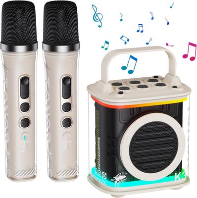 Zestaw karaoke TONOR Bluetooth głośnik z LED, 2 mikrofony, beżowy.
