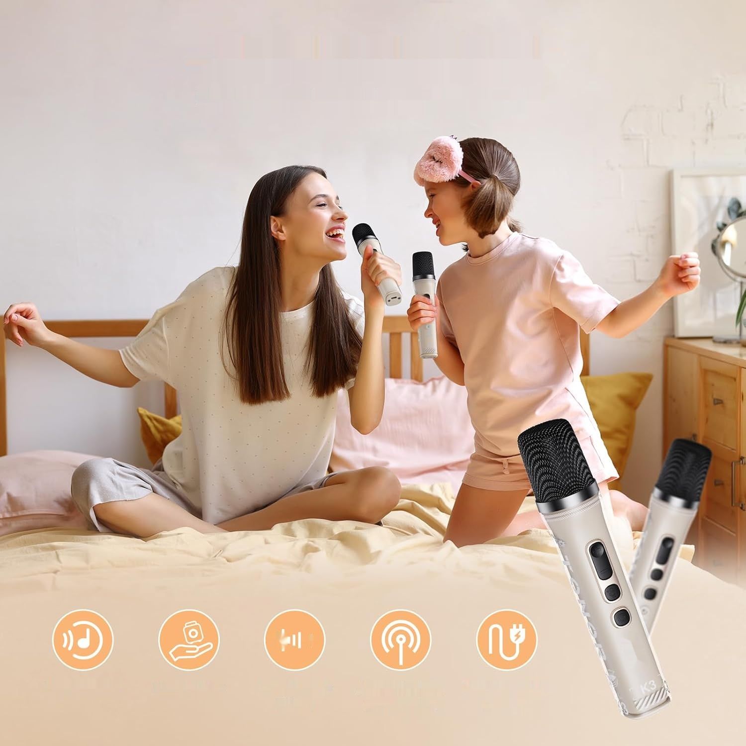 Zestaw karaoke TONOR Bluetooth głośnik z LED, 2 mikrofony, beżowy.