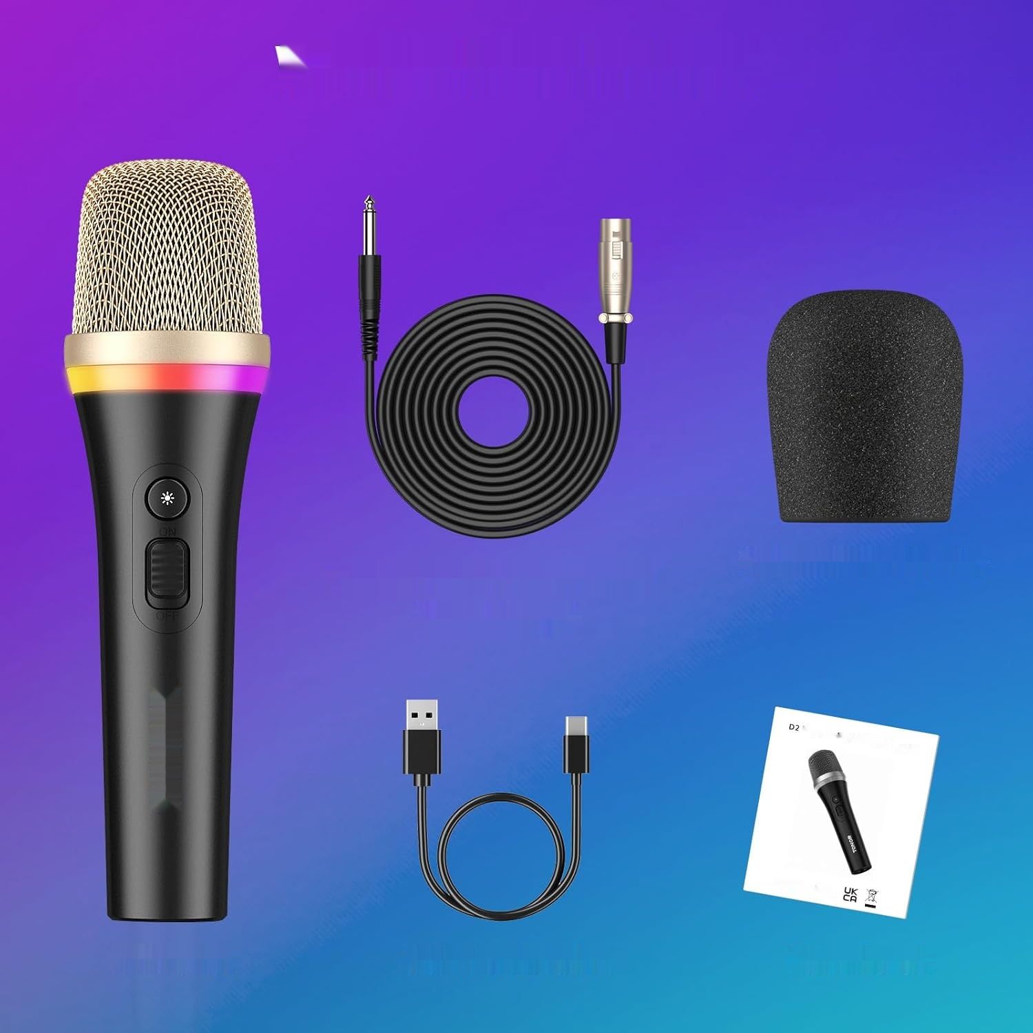 TONOR Dynamiczny Mikrofon Karaoke, RGB XLR, 5 m Kabel, Czarny Superkardioidalny