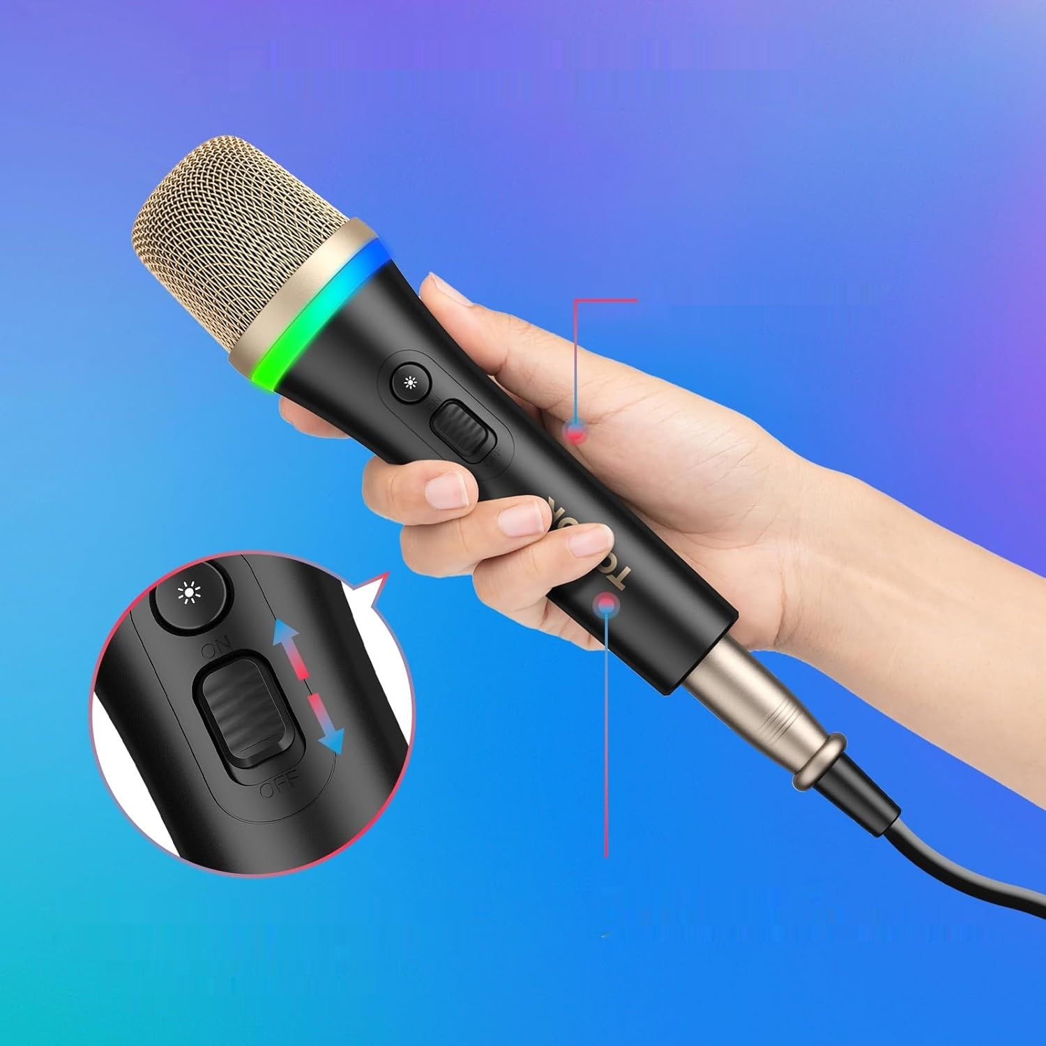 TONOR Dynamiczny Mikrofon Karaoke, RGB XLR, 5 m Kabel, Czarny Superkardioidalny
