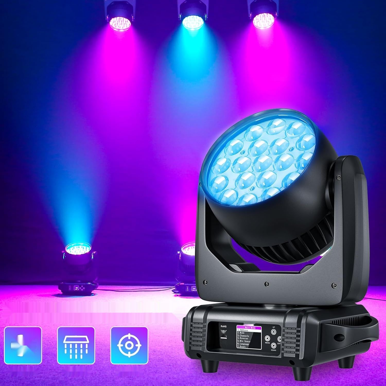 Głowica Ruchoma LED DJ – 19x15W RGBW, DMX, zoom, efekty
