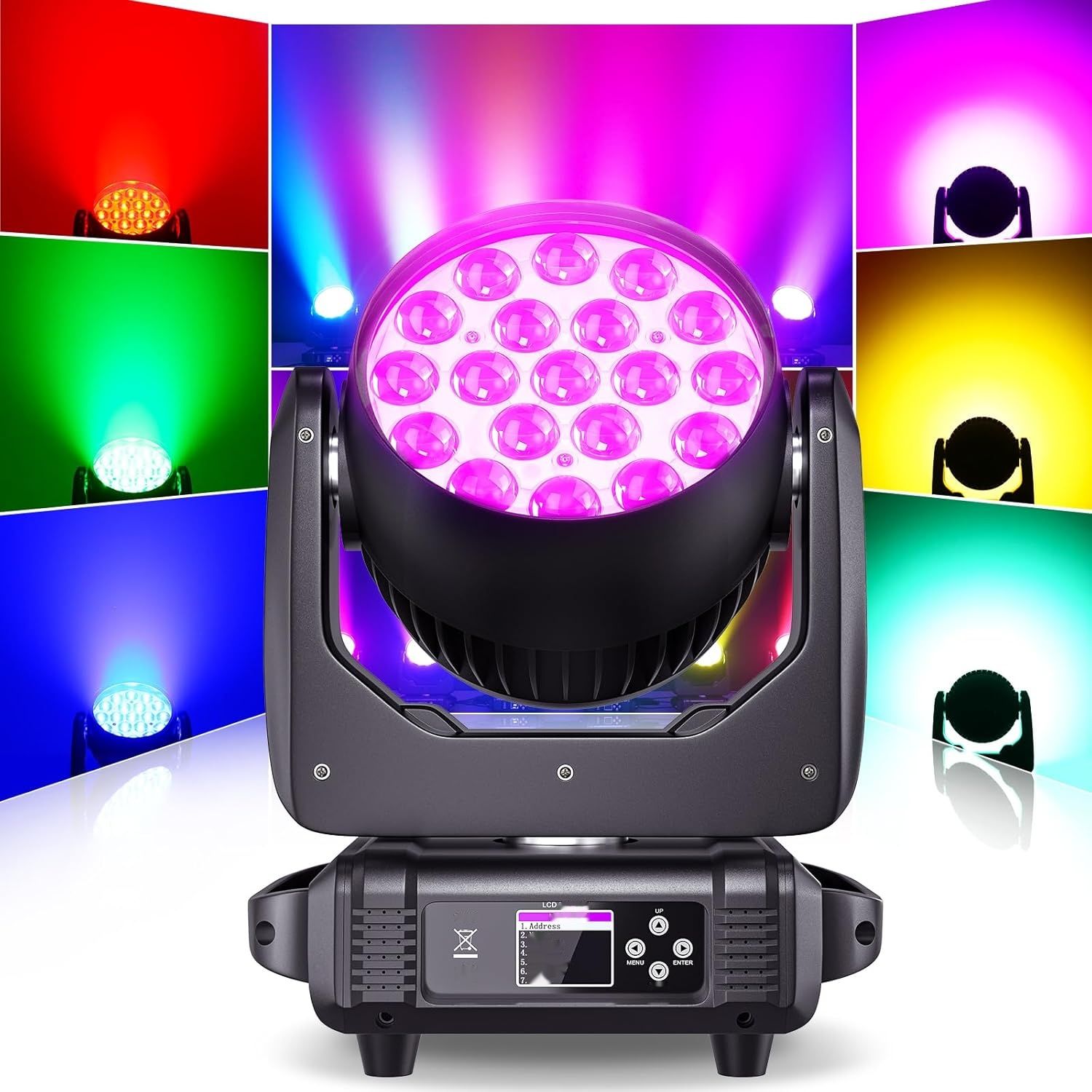 Głowica Ruchoma LED DJ – 19x15W RGBW, DMX, zoom, efekty