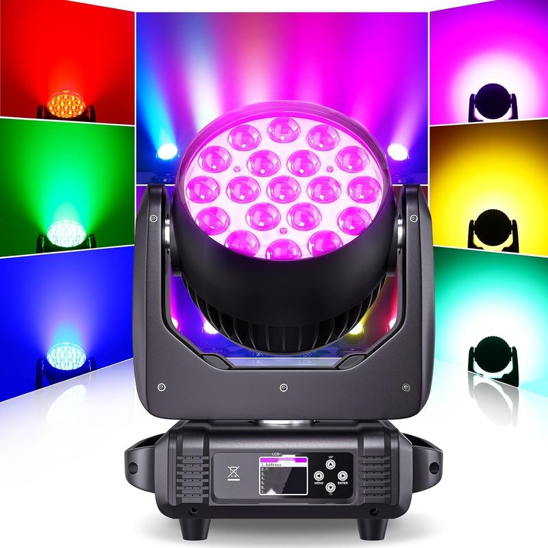 Głowica Ruchoma LED DJ – 19x15W RGBW, DMX, zoom, efekty