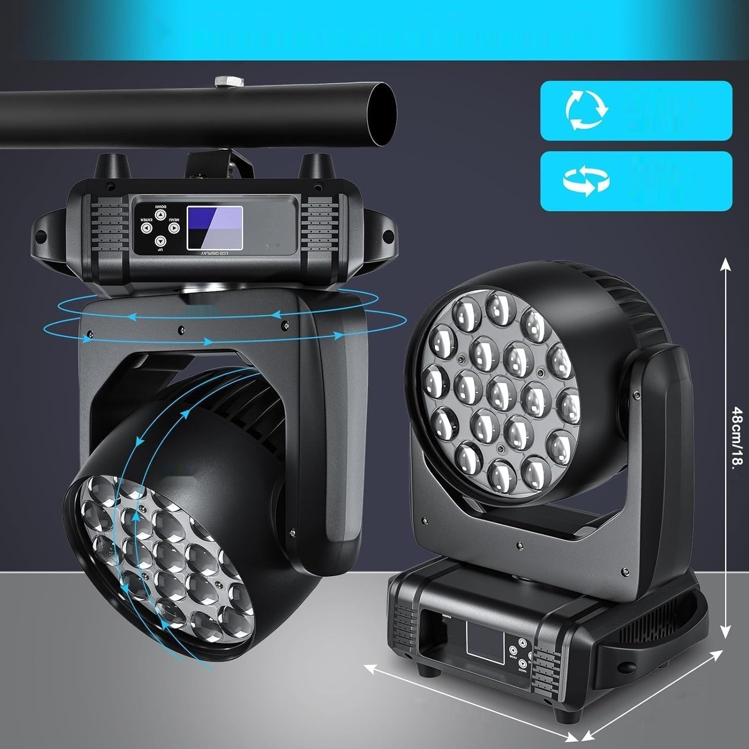 Głowica Ruchoma LED DJ – 19x15W RGBW, DMX, zoom, efekty