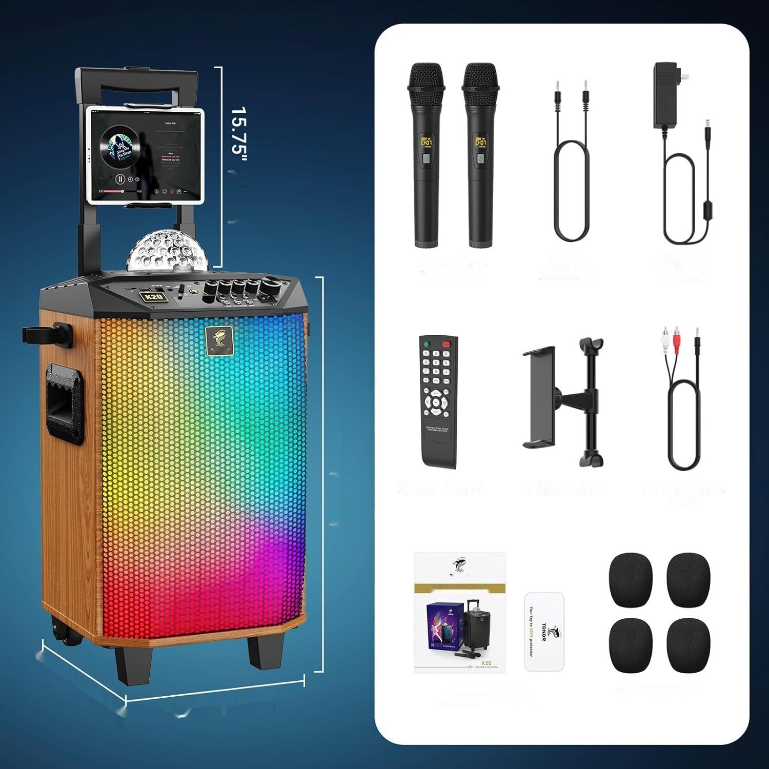 Przenośny głośnik Bluetooth TONOR z 2 mikrofonami, system PA, brązowy.