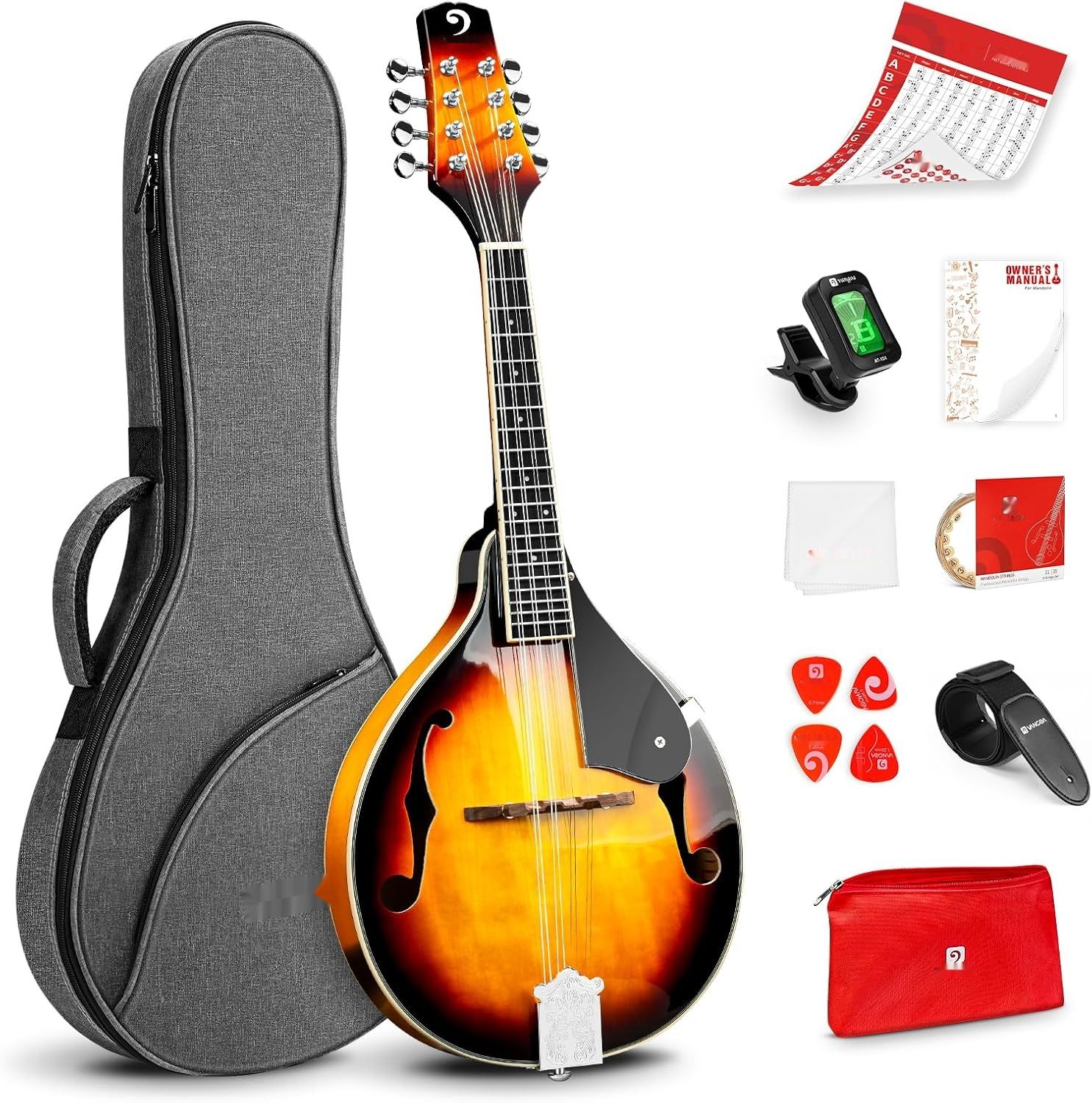 Vangoa Mandolina A Style Sunburst z tunerem, strunami, torbą, kostkami