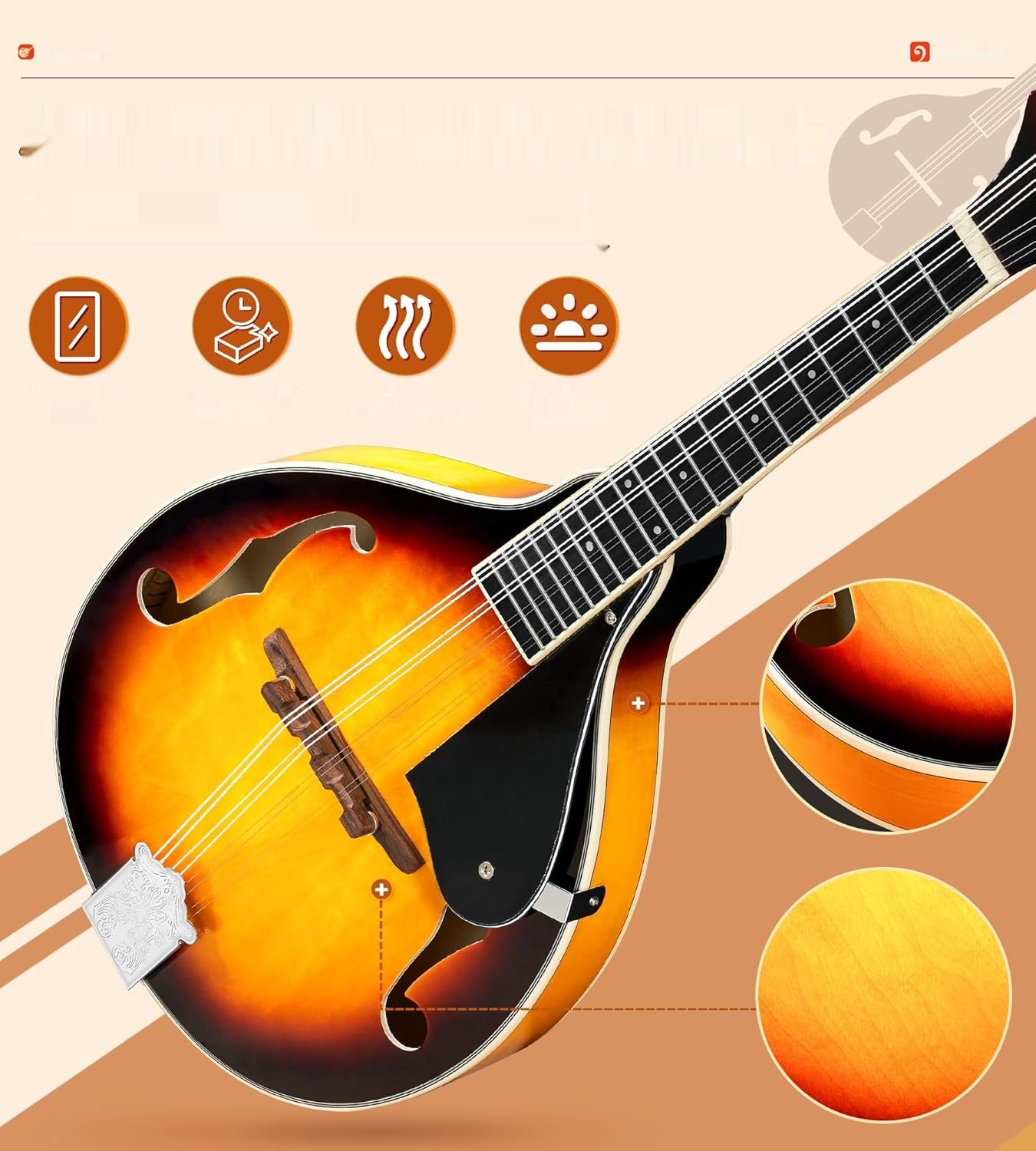 Vangoa Mandolina A Style Sunburst z tunerem, strunami, torbą, kostkami