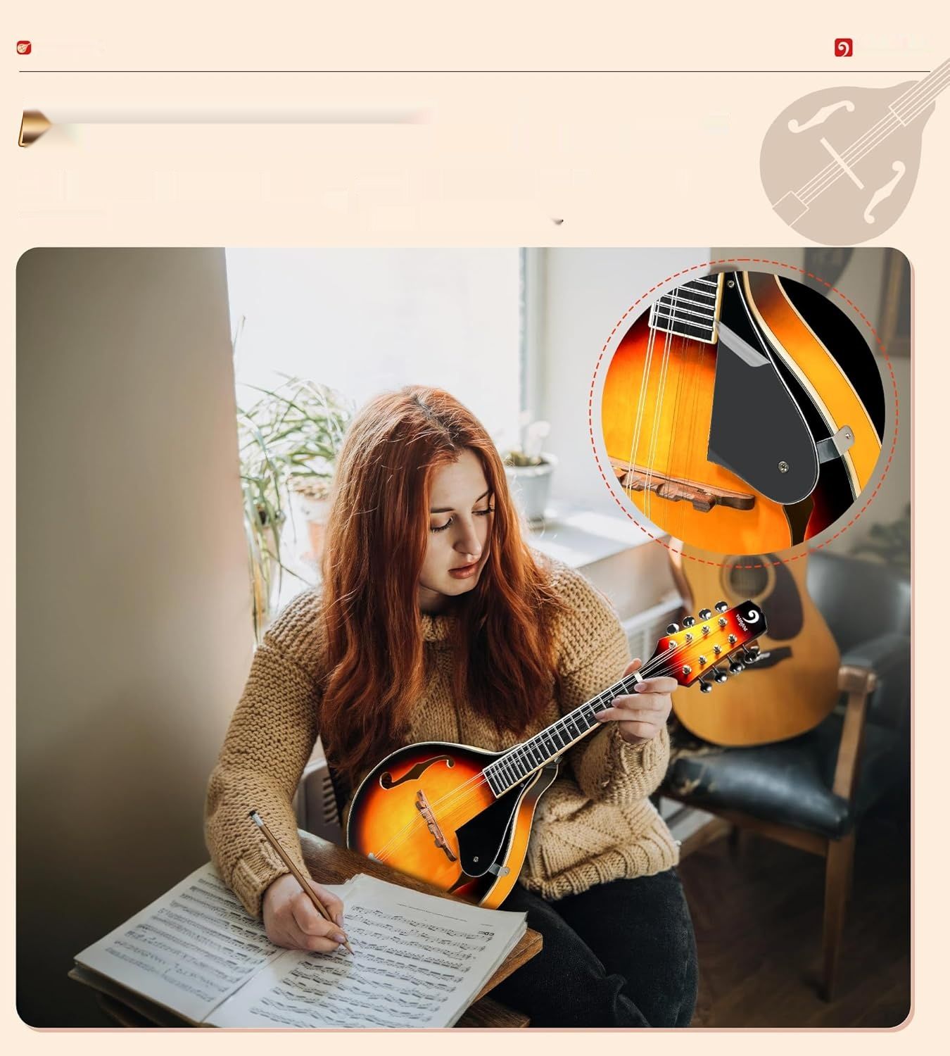 Vangoa Mandolina A Style Sunburst z tunerem, strunami, torbą, kostkami