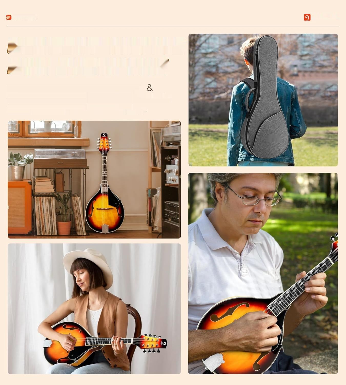 Vangoa Mandolina A Style Sunburst z tunerem, strunami, torbą, kostkami