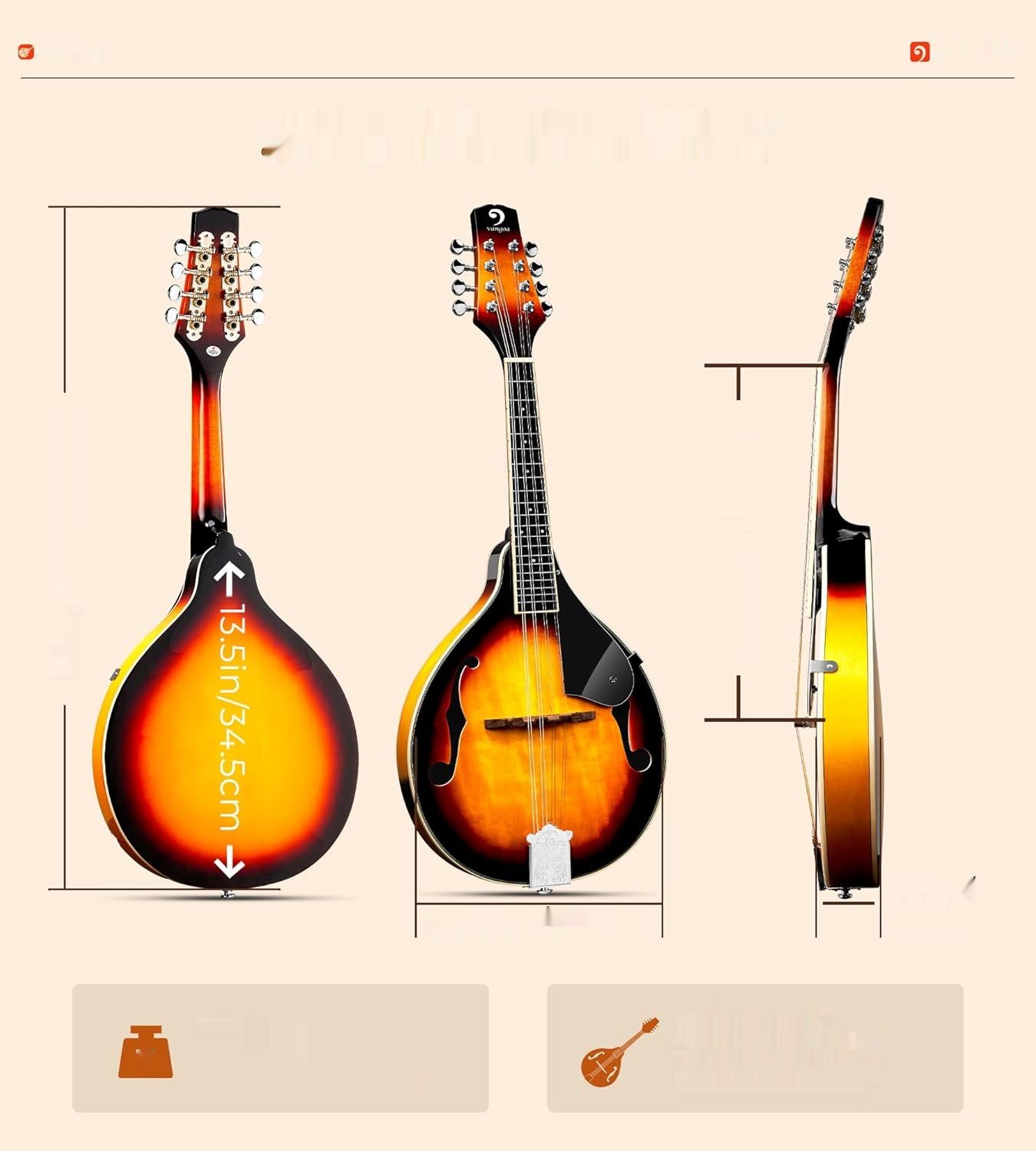 Vangoa Mandolina A Style Sunburst z tunerem, strunami, torbą, kostkami