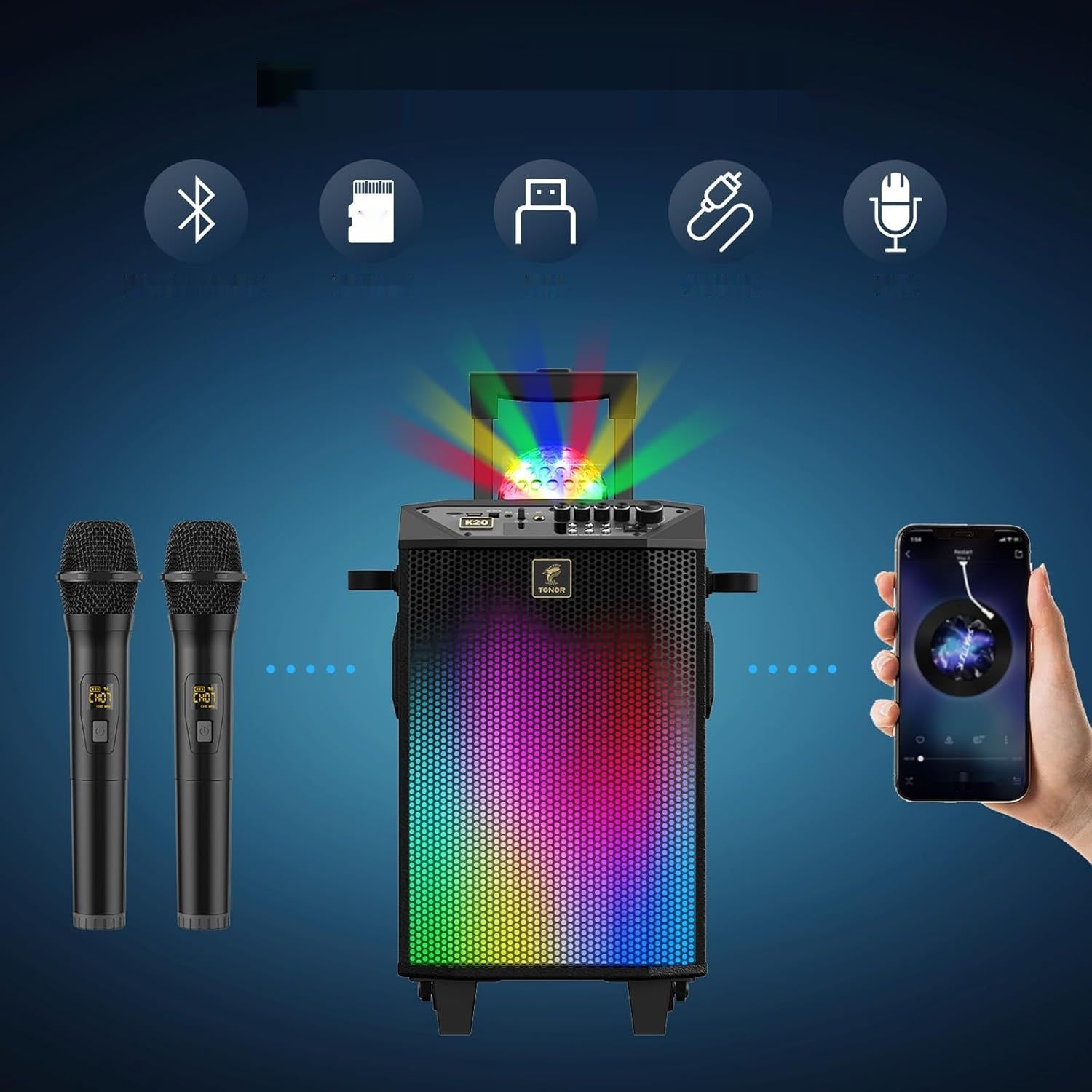 TONOR System PA z 2 mikrofonami Bluetooth, Boks muzyczny K20