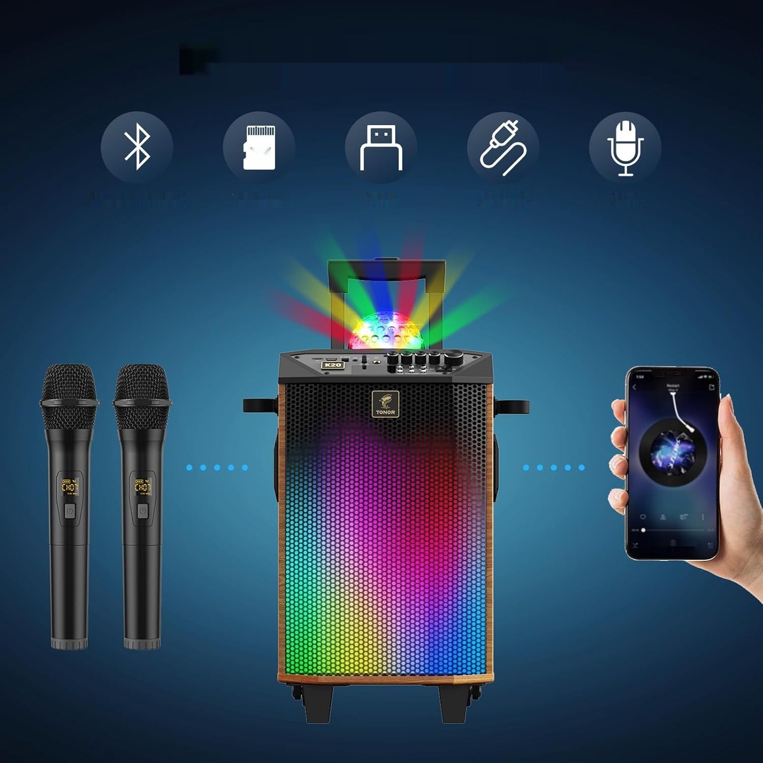 Przenośny głośnik Bluetooth TONOR z 2 mikrofonami, system PA, brązowy.