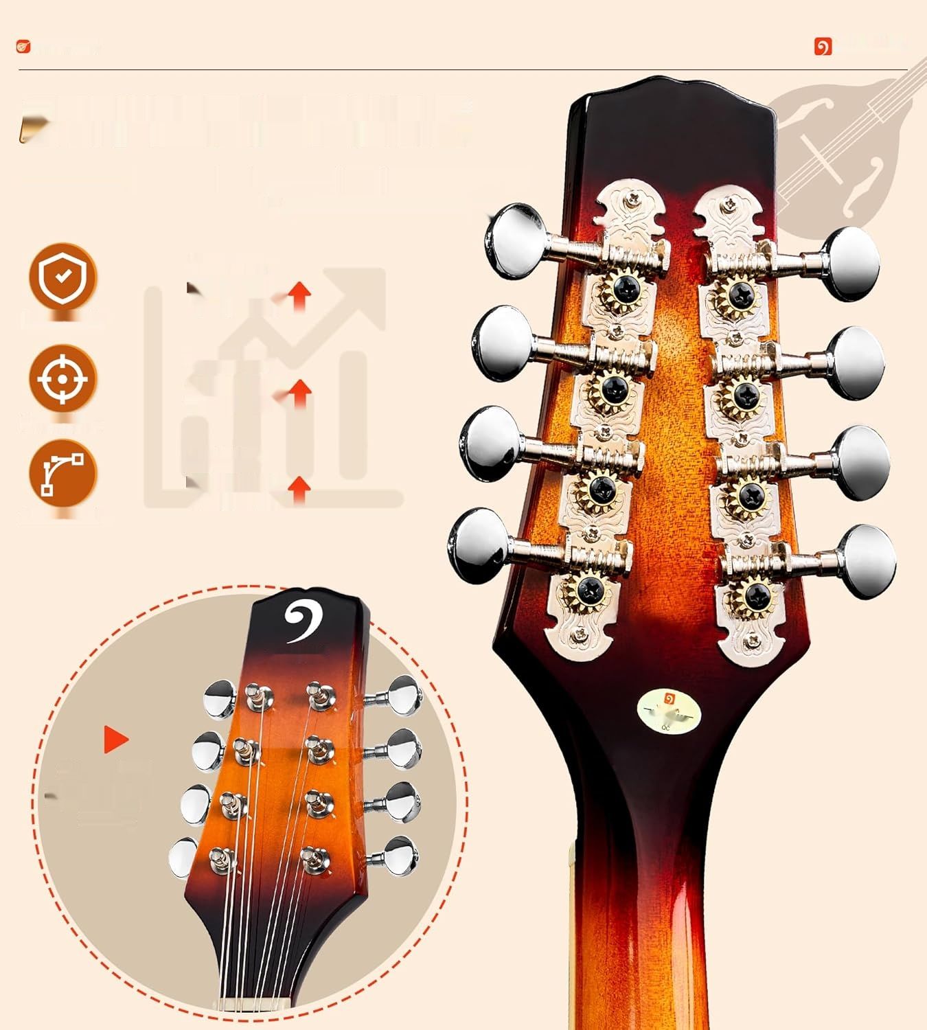 Vangoa Mandolina A Style Sunburst z tunerem, strunami, torbą, kostkami