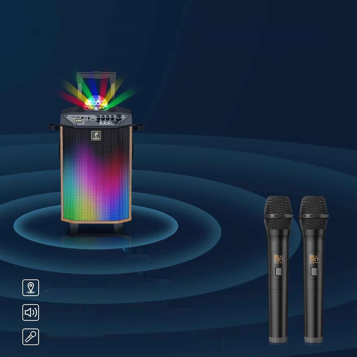 Przenośny głośnik Bluetooth TONOR z 2 mikrofonami, system PA, brązowy.