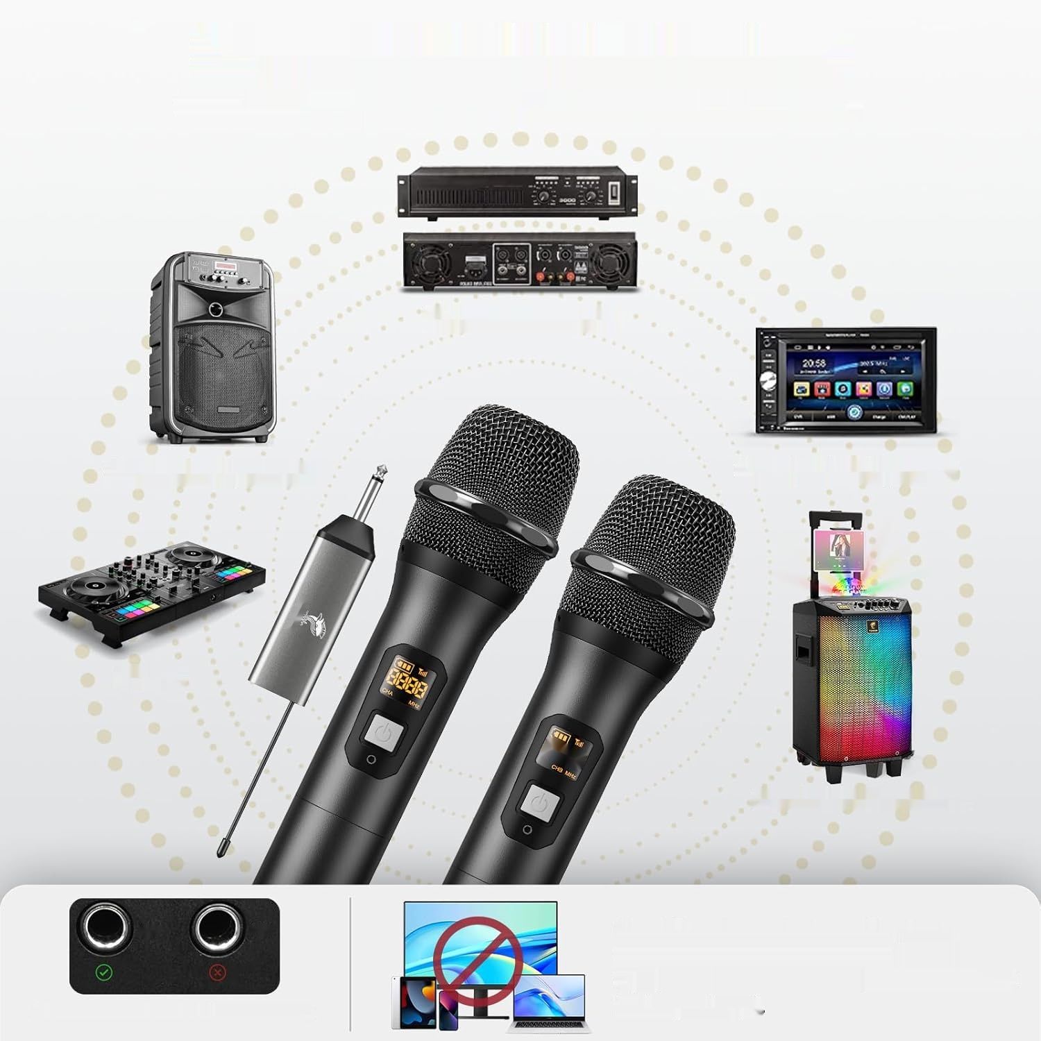 TONOR Mikrofon bezprzewodowy UHF, podwójny, metalowy, z odbiornikiem, 60 m