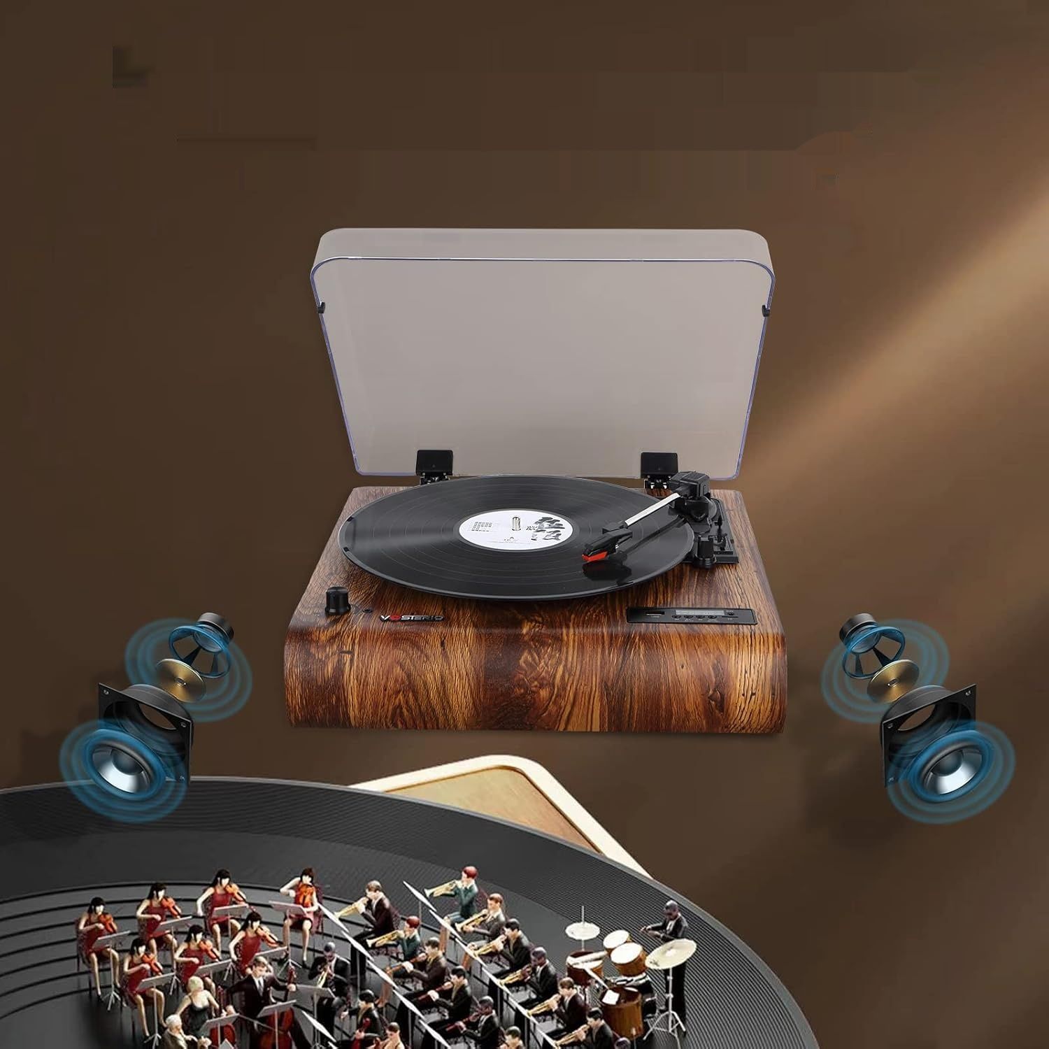 Gramofon VOSTERIO Bluetooth, HiFi Stereo, 3 prędkości, konwersja MP3.