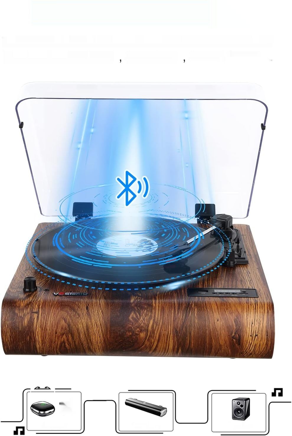 Gramofon VOSTERIO Bluetooth, HiFi Stereo, 3 prędkości, konwersja MP3.