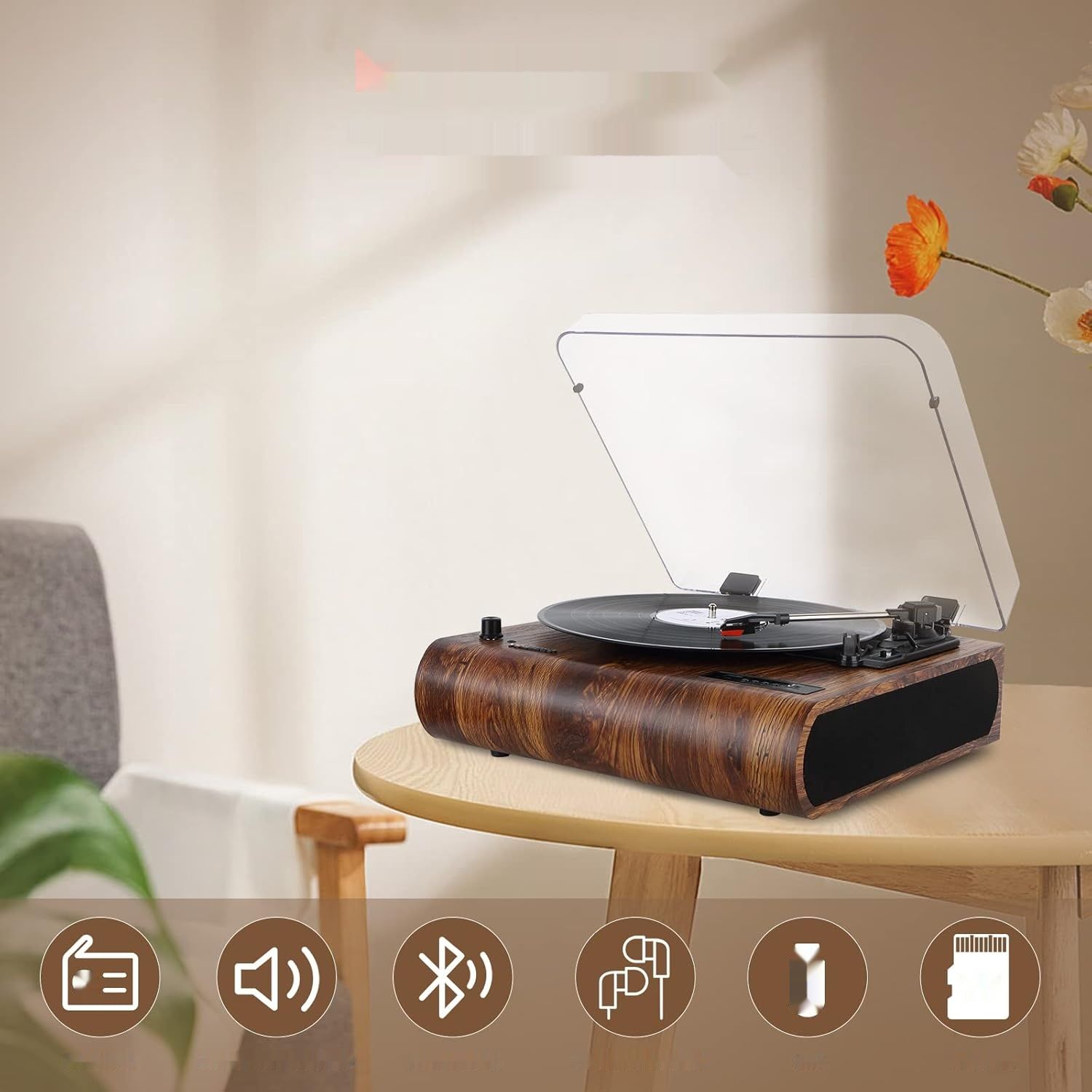 Gramofon VOSTERIO Bluetooth, HiFi Stereo, 3 prędkości, konwersja MP3.