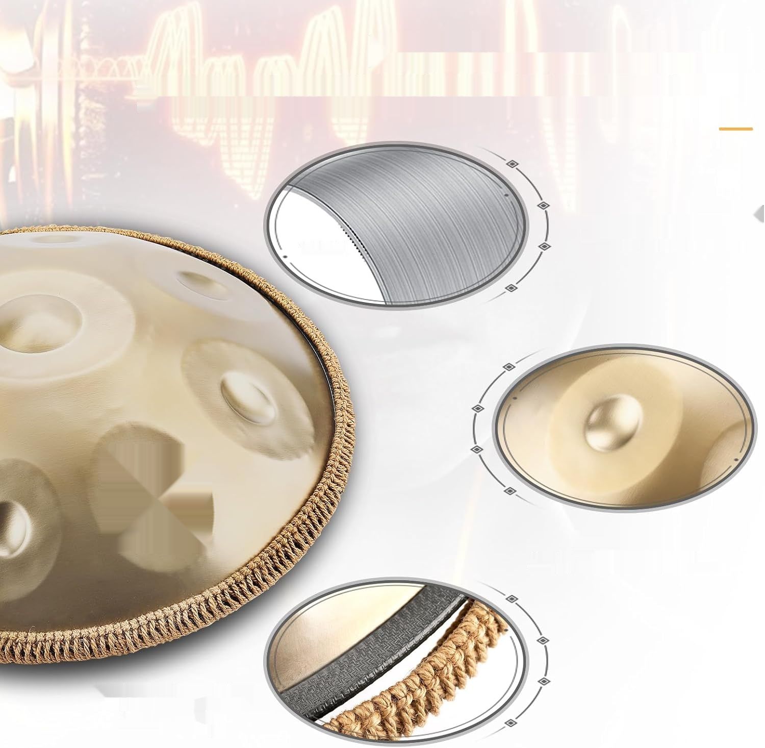 Handpan Drum, 12 Tonów 22-calowy Stalowy Instrument 440/432Hz Złoty