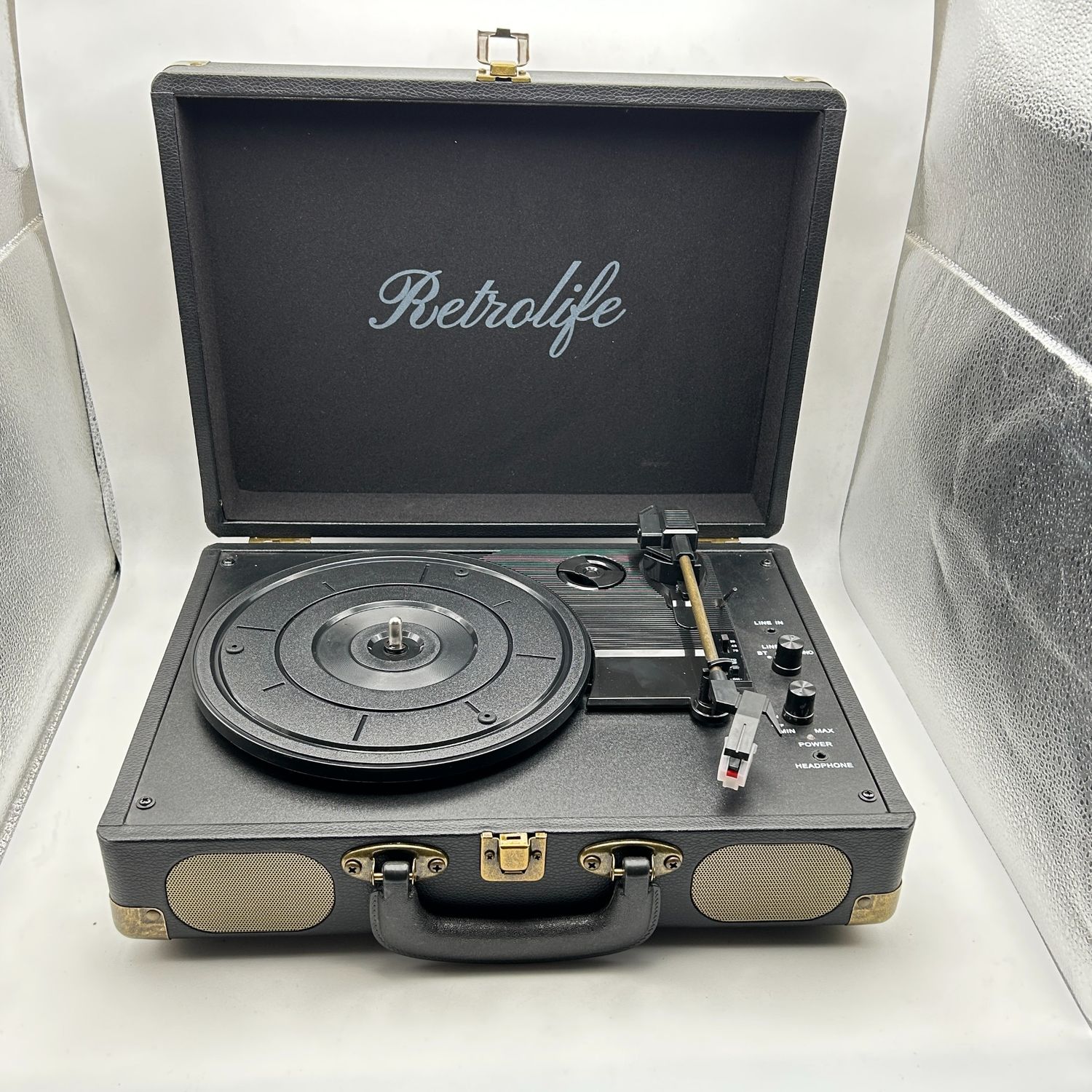 Gramofon 3 prędkości 33/45/78 RPM, przenośny z Bluetooth, wbud. głośniki.