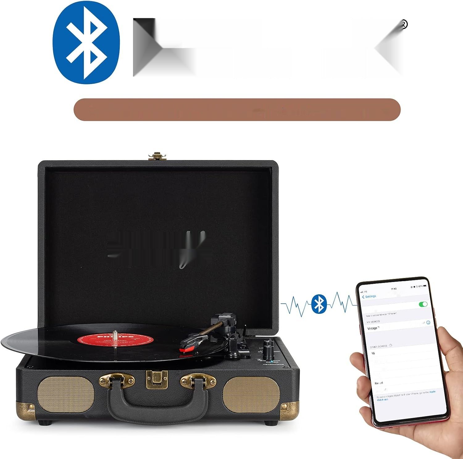 Gramofon 3 prędkości 33/45/78 RPM, przenośny z Bluetooth, wbud. głośniki.