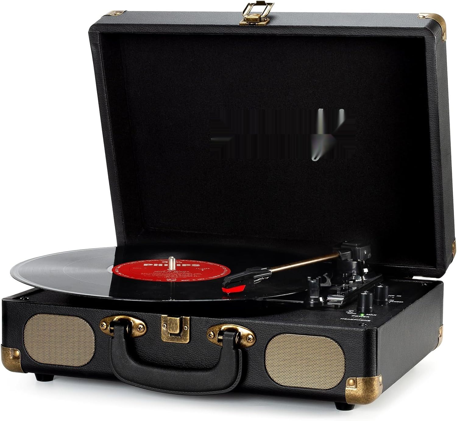Gramofon 3 prędkości 33/45/78 RPM, przenośny z Bluetooth, wbud. głośniki.