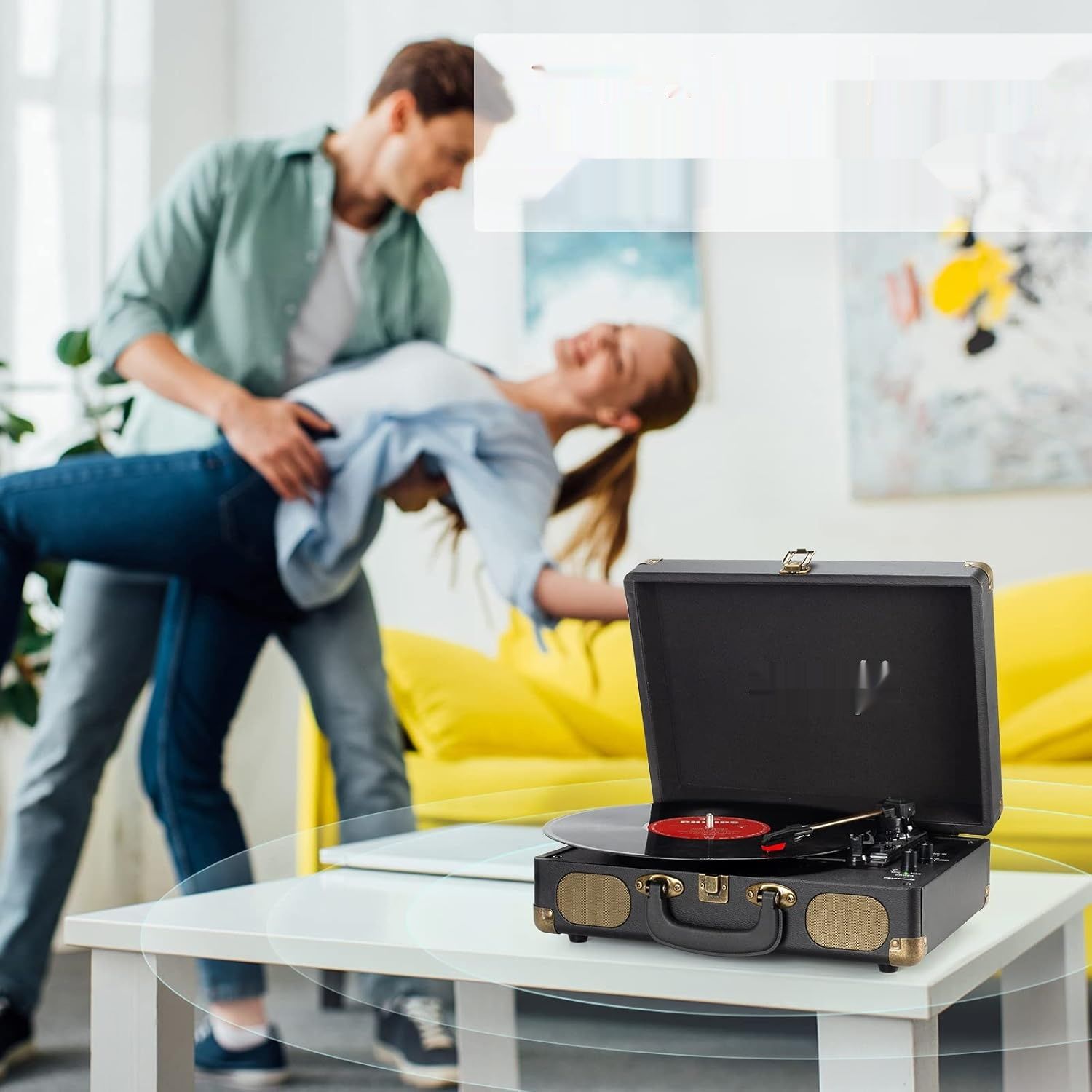 Gramofon 3 prędkości 33/45/78 RPM, przenośny z Bluetooth, wbud. głośniki.