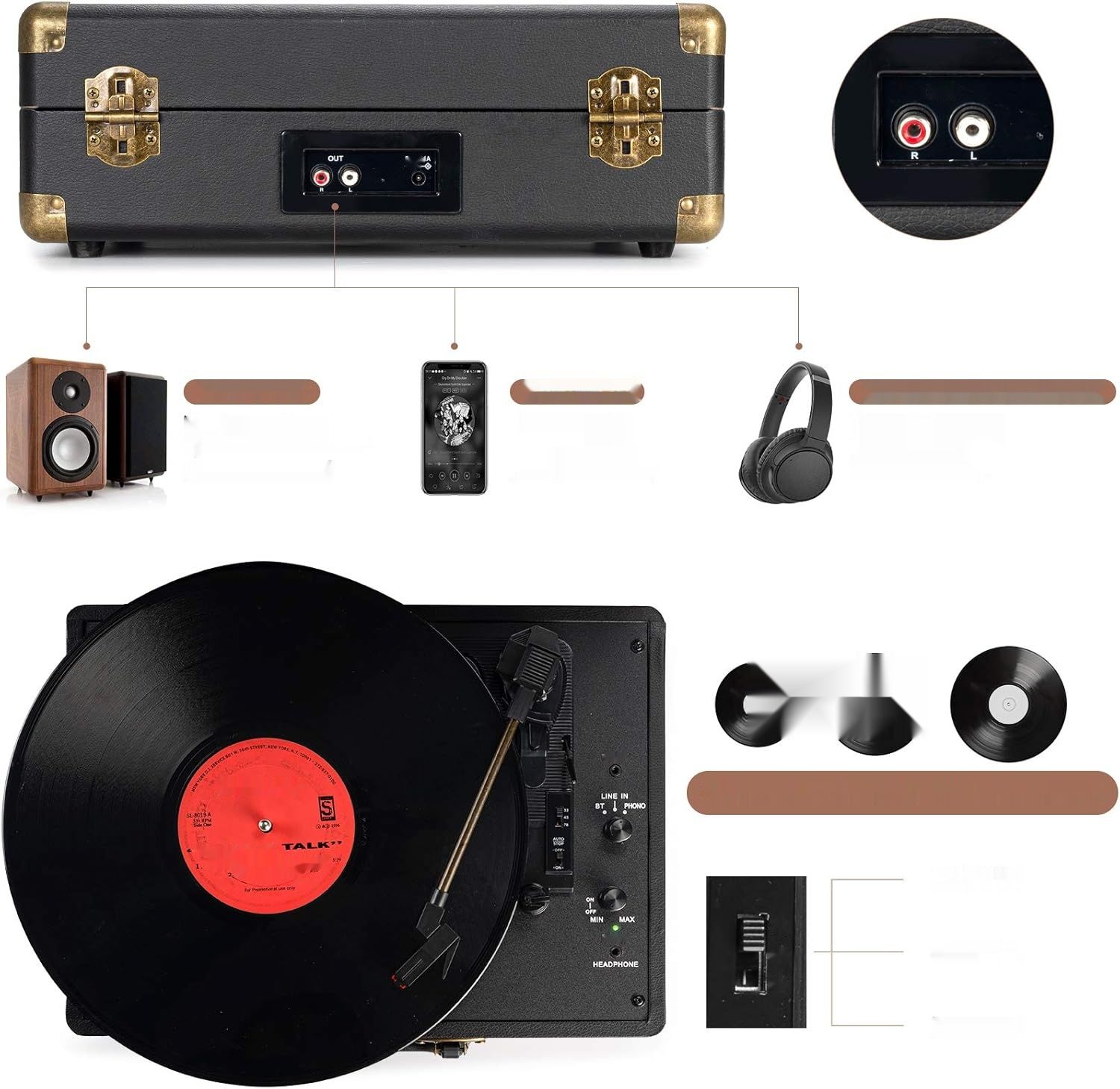 Gramofon 3 prędkości 33/45/78 RPM, przenośny z Bluetooth, wbud. głośniki.