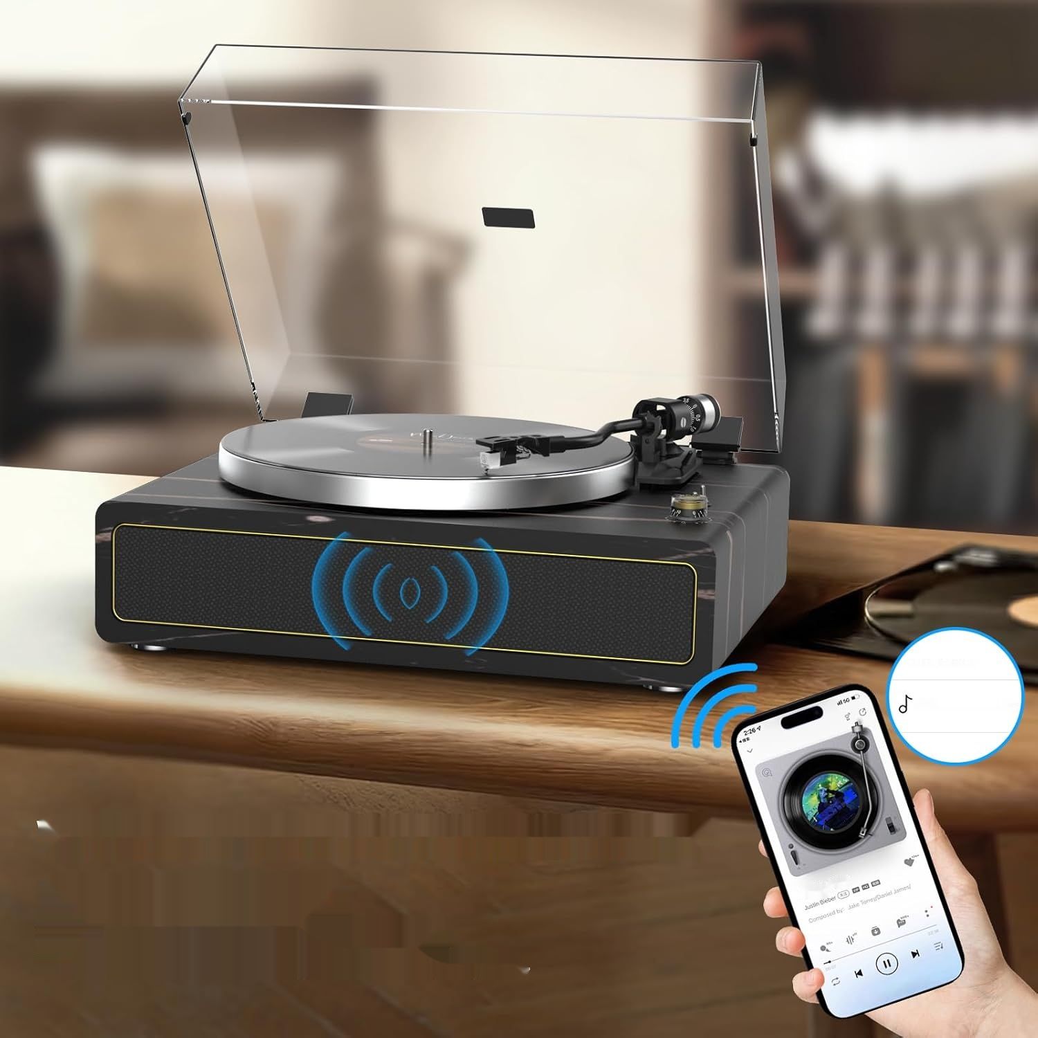 Gramofon Winylowy z Bluetooth, automatyczne zatrzymanie, 33/45 rpm.
