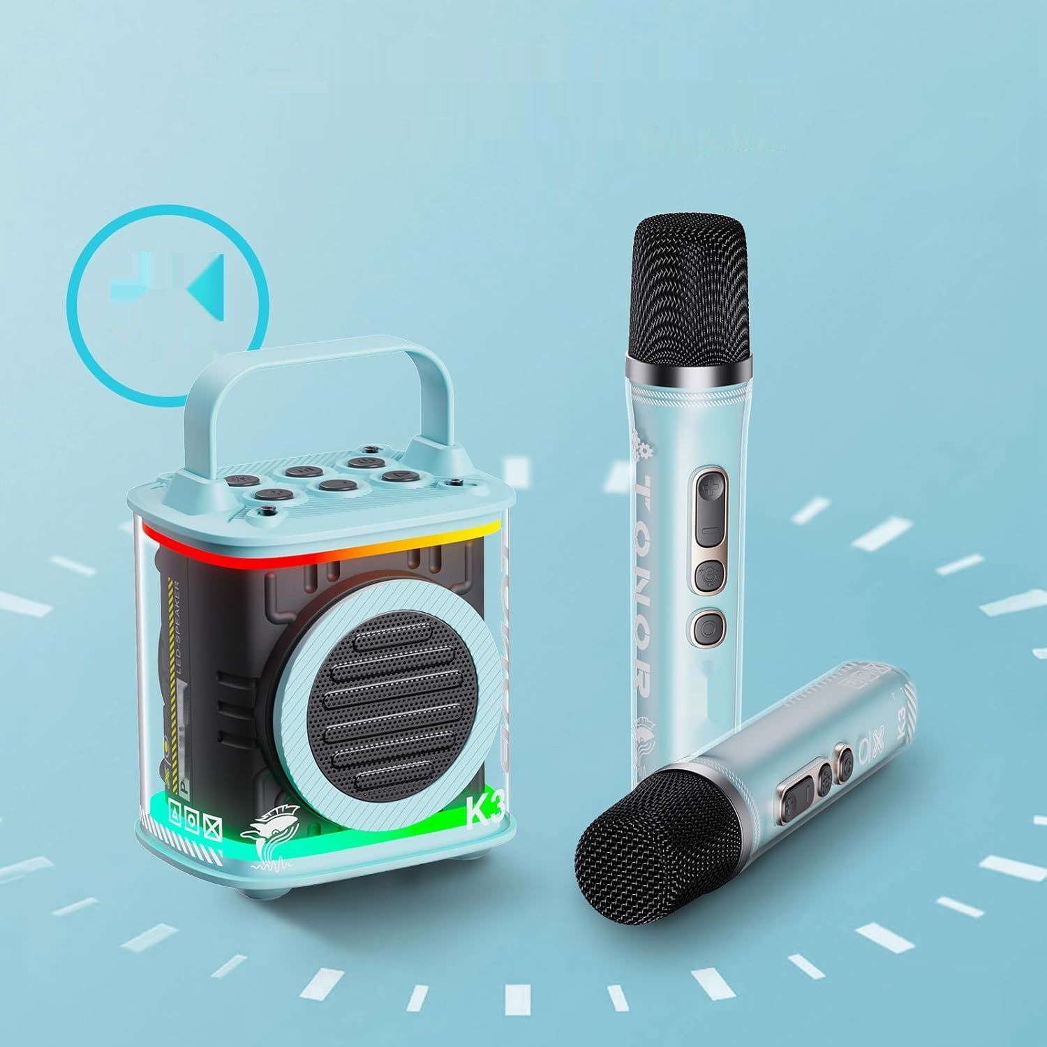 TONOR Mini Karaoke Machine z dwoma bezprzewodowymi mikrofonami.