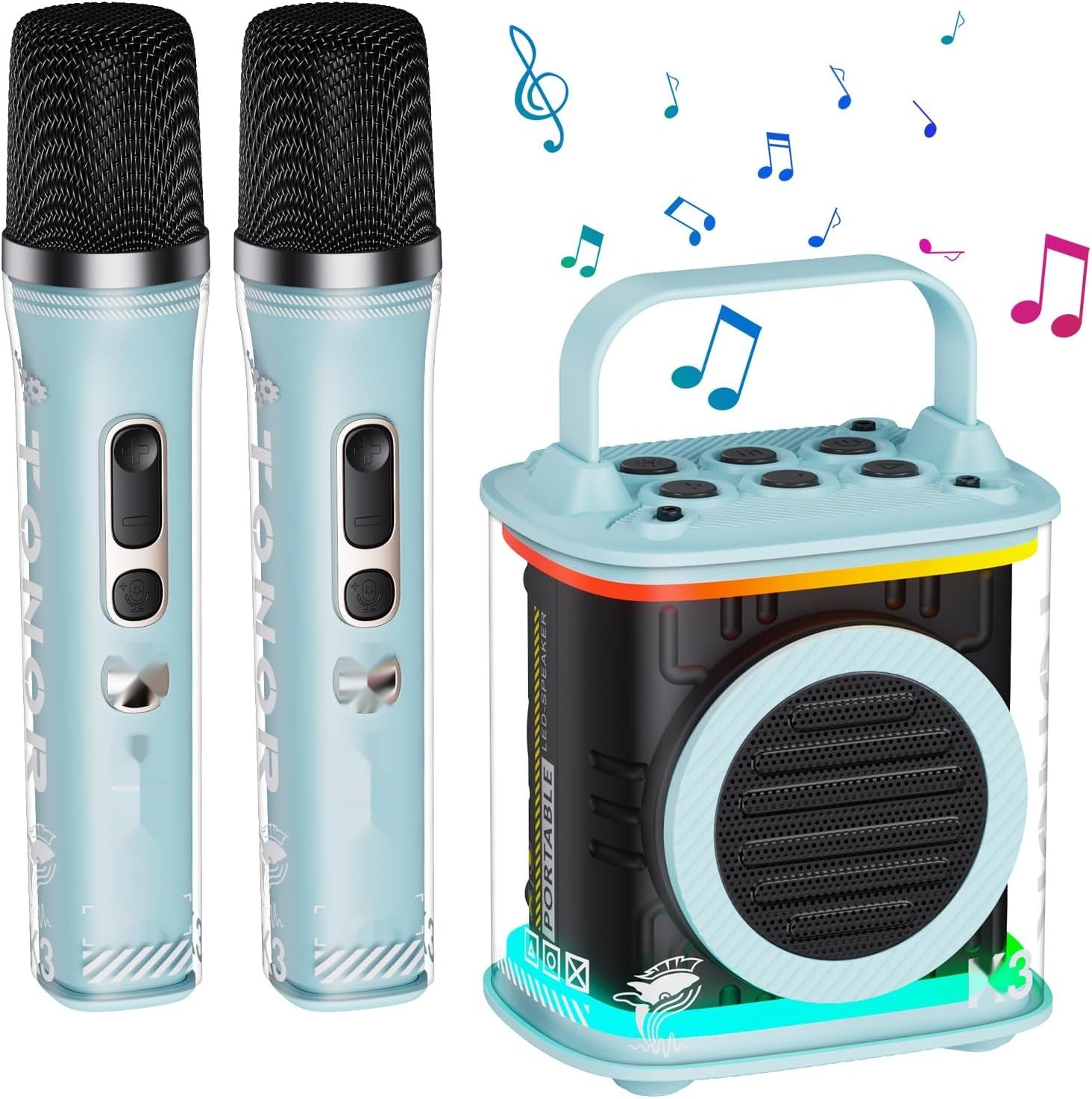 TONOR Mini Karaoke Machine z dwoma bezprzewodowymi mikrofonami.