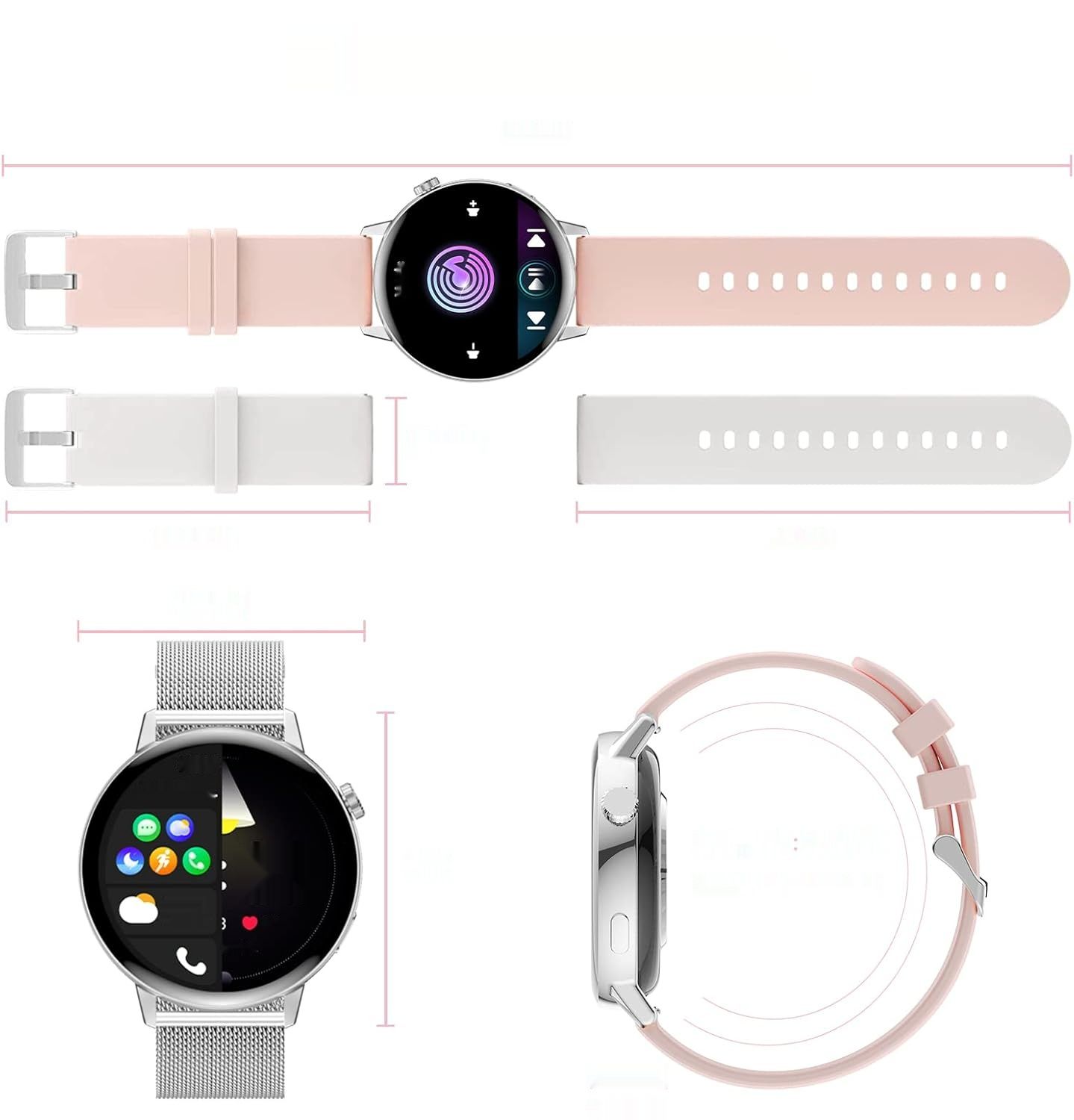 Erkwei Smartwatch damski z Bluetooth, ekran 1,32&quot;, z krokomierzem, monitorem tętna