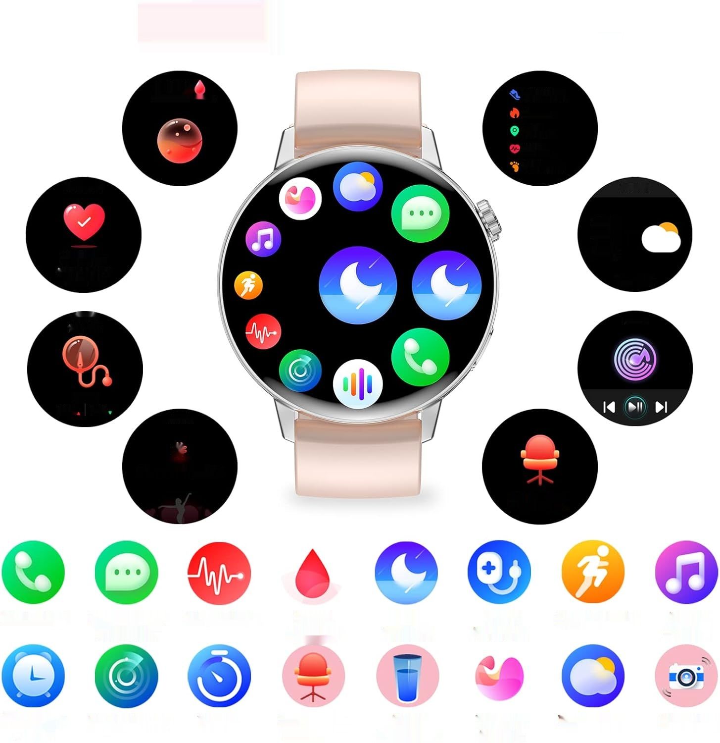 Erkwei Smartwatch damski z Bluetooth, ekran 1,32&quot;, z krokomierzem, monitorem tętna