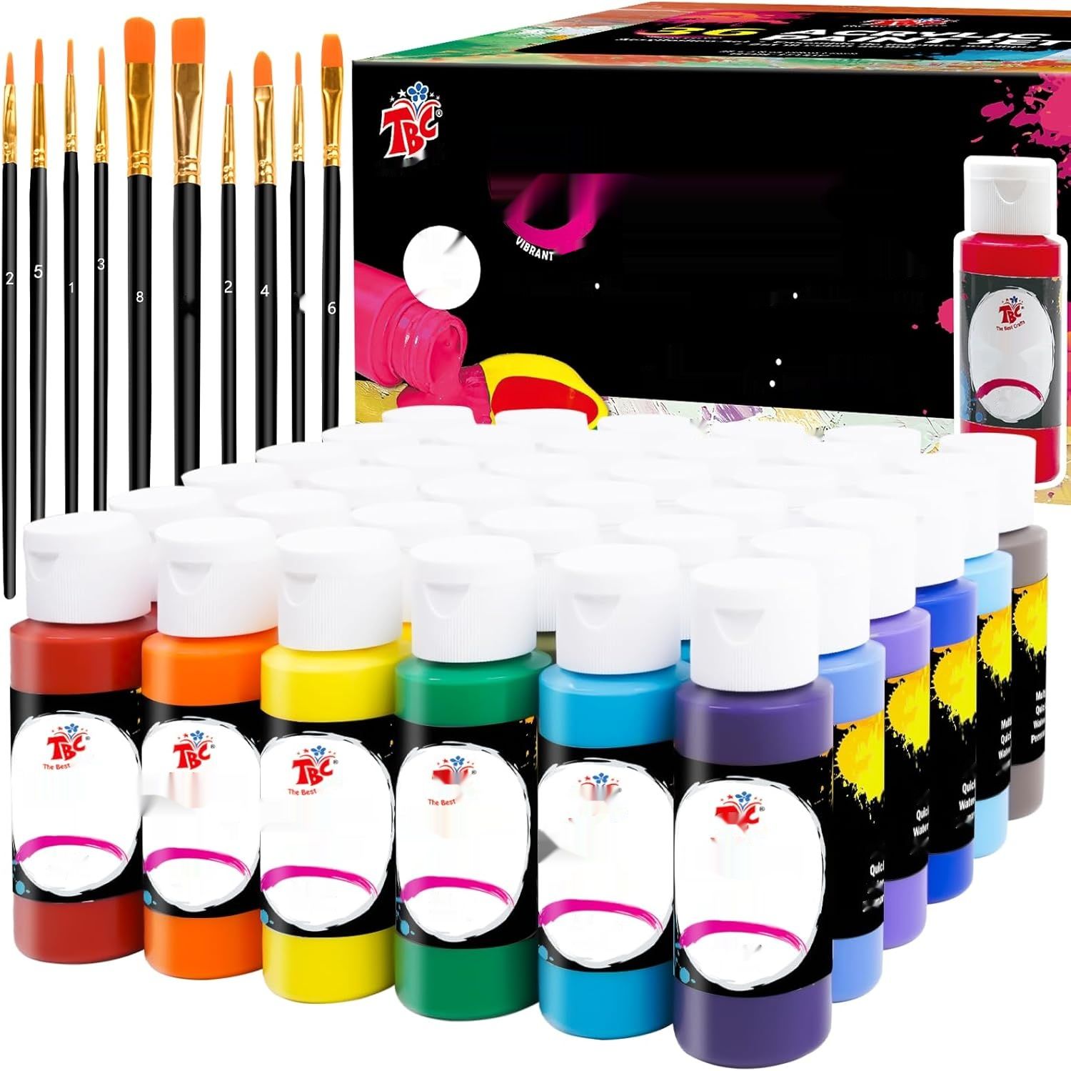 TBC Zestaw Farb Akrylowych 36x60ml z 3 Pędzlami, Wodoodporne, Szybkoschnące