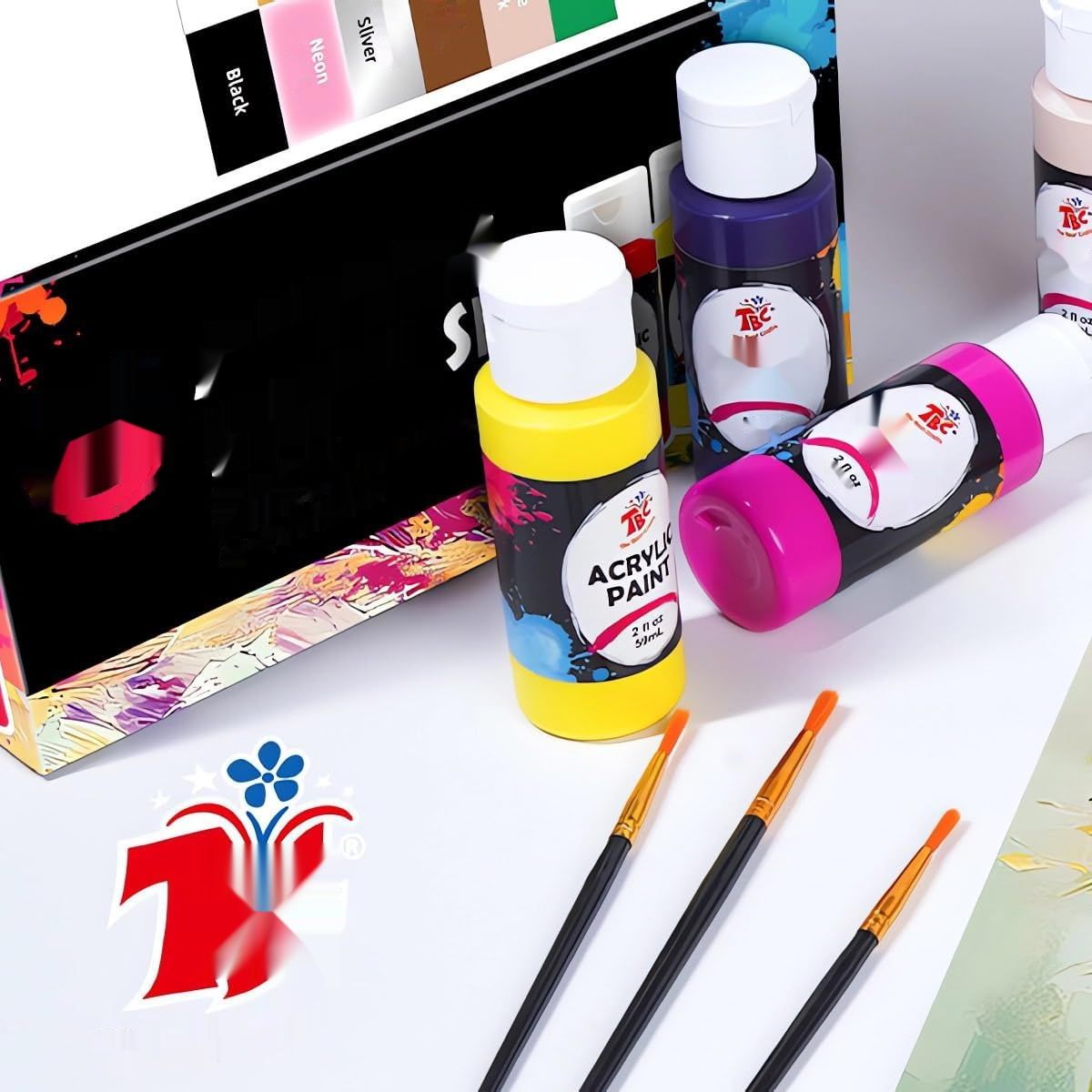 TBC Zestaw Farb Akrylowych 36x60ml z 3 Pędzlami, Wodoodporne, Szybkoschnące