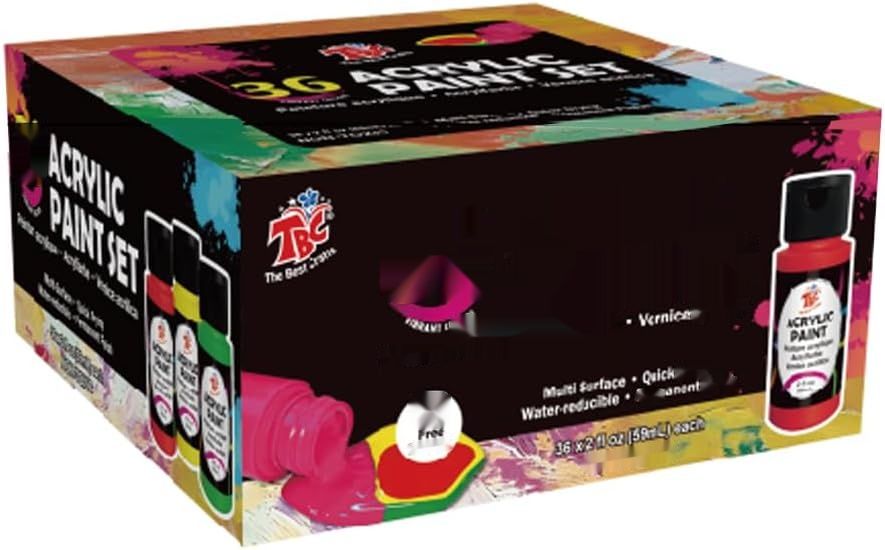 TBC Zestaw Farb Akrylowych 36x60ml z 3 Pędzlami, Wodoodporne, Szybkoschnące