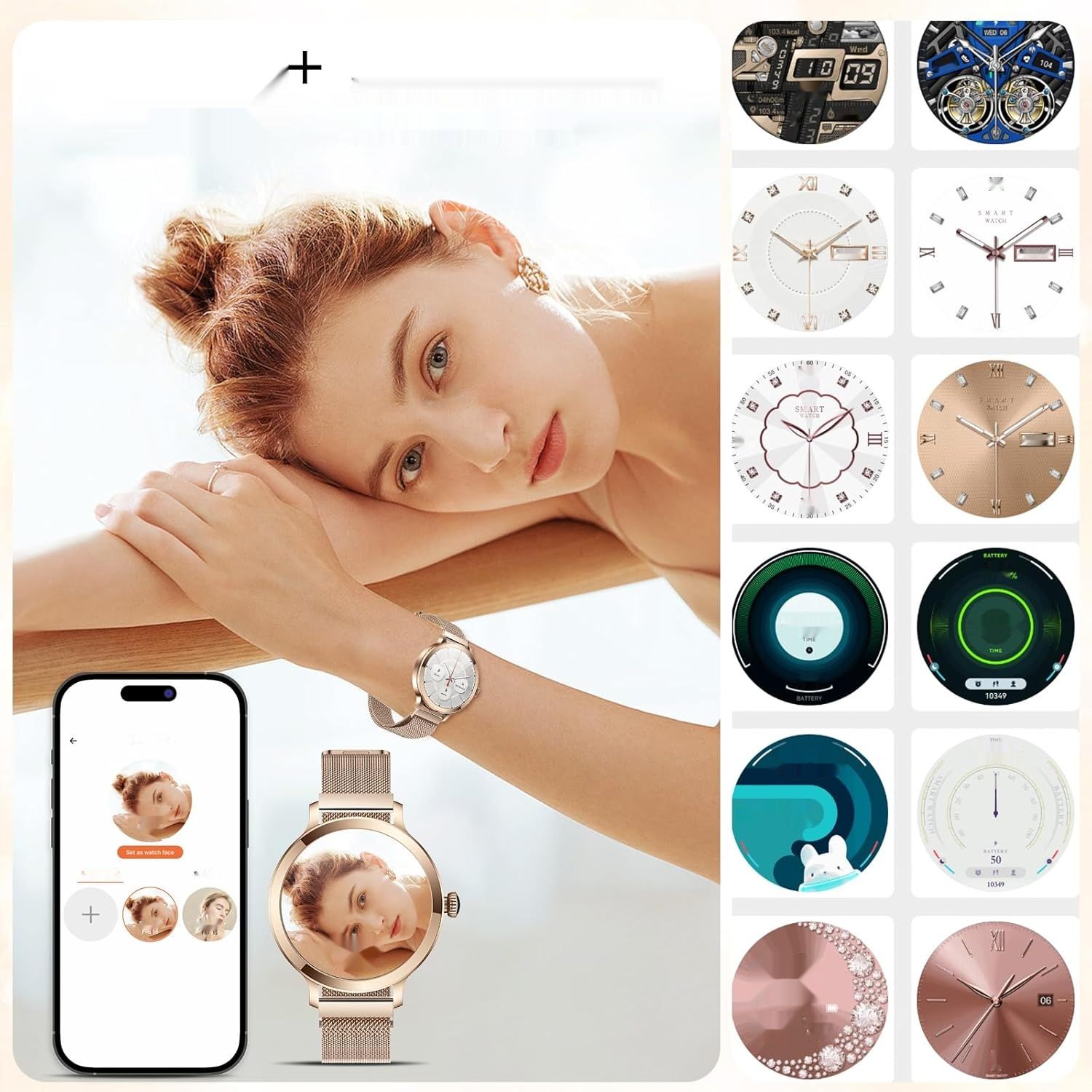 Smartwatch damski z funkcją telefonu, AMOLED 1,1&quot;, IP68, 114 trybów sportowych.